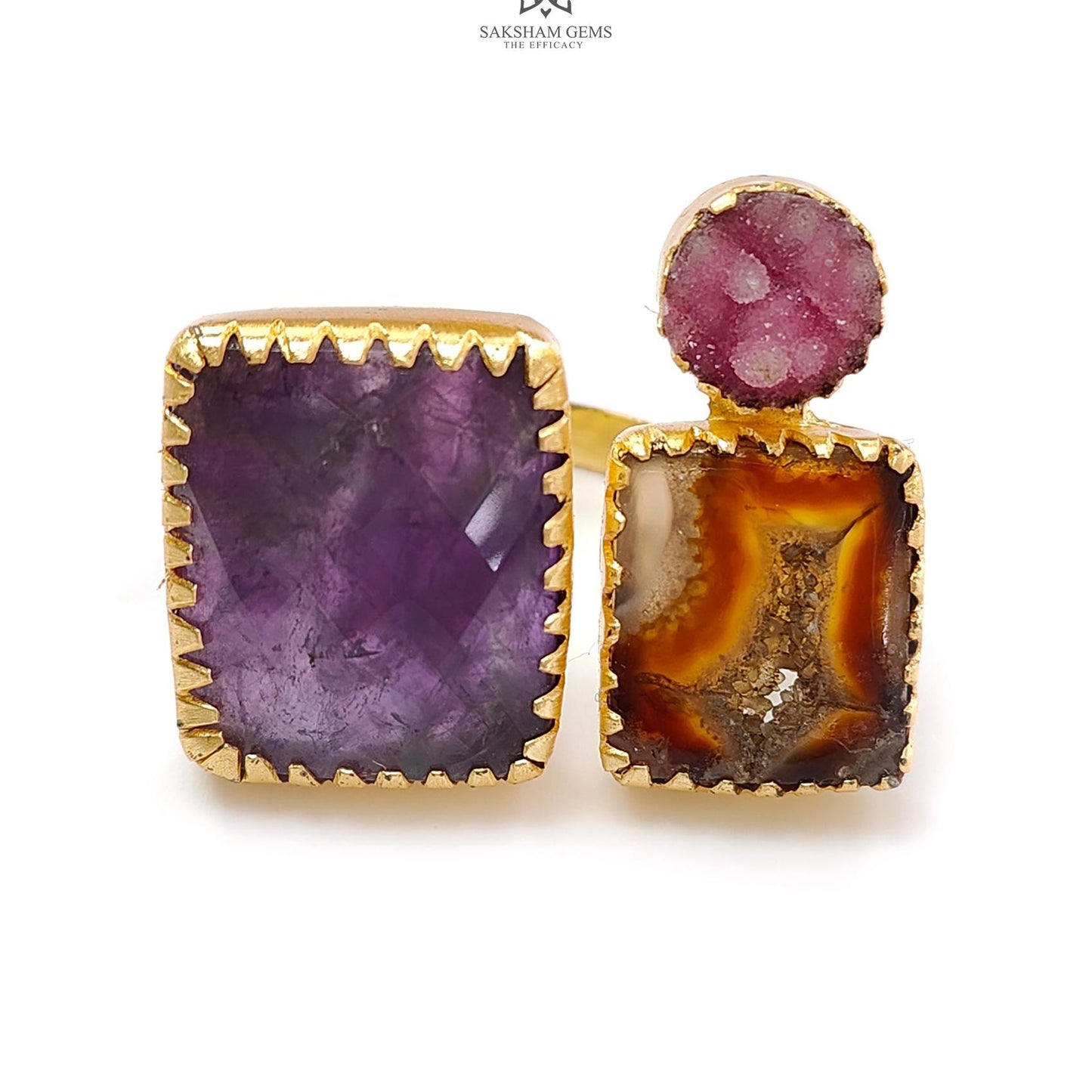 Handmade Cocktail Ring: 14.55gms Gold Plated Natural Multi Color Gemstone Boho Style Dainty Square Shape Adjustable Ring Gift For Her