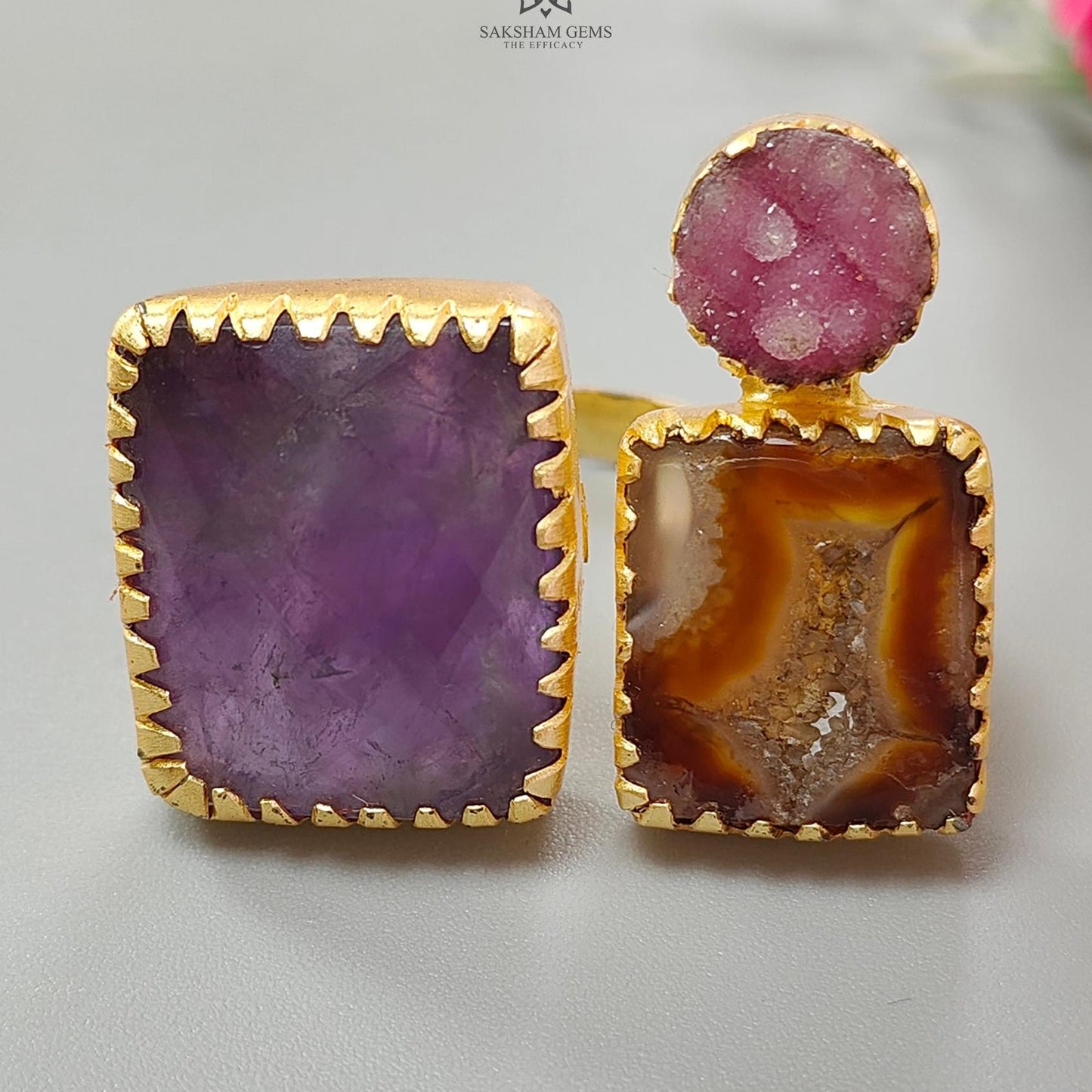 Handmade Cocktail Ring: 14.55gms Gold Plated Natural Multi Color Gemstone Boho Style Dainty Square Shape Adjustable Ring Gift For Her