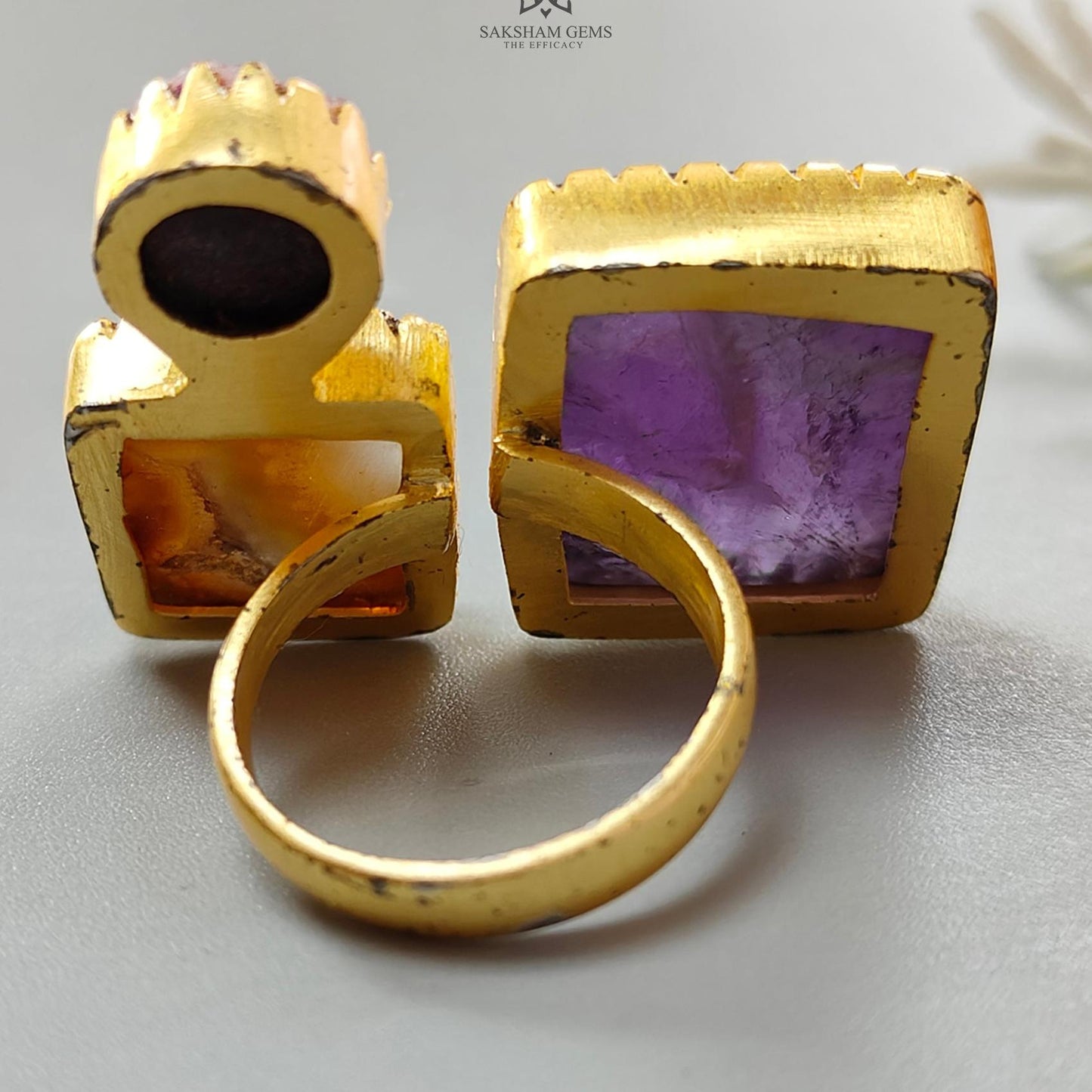 Handmade Cocktail Ring: 14.55gms Gold Plated Natural Multi Color Gemstone Boho Style Dainty Square Shape Adjustable Ring Gift For Her