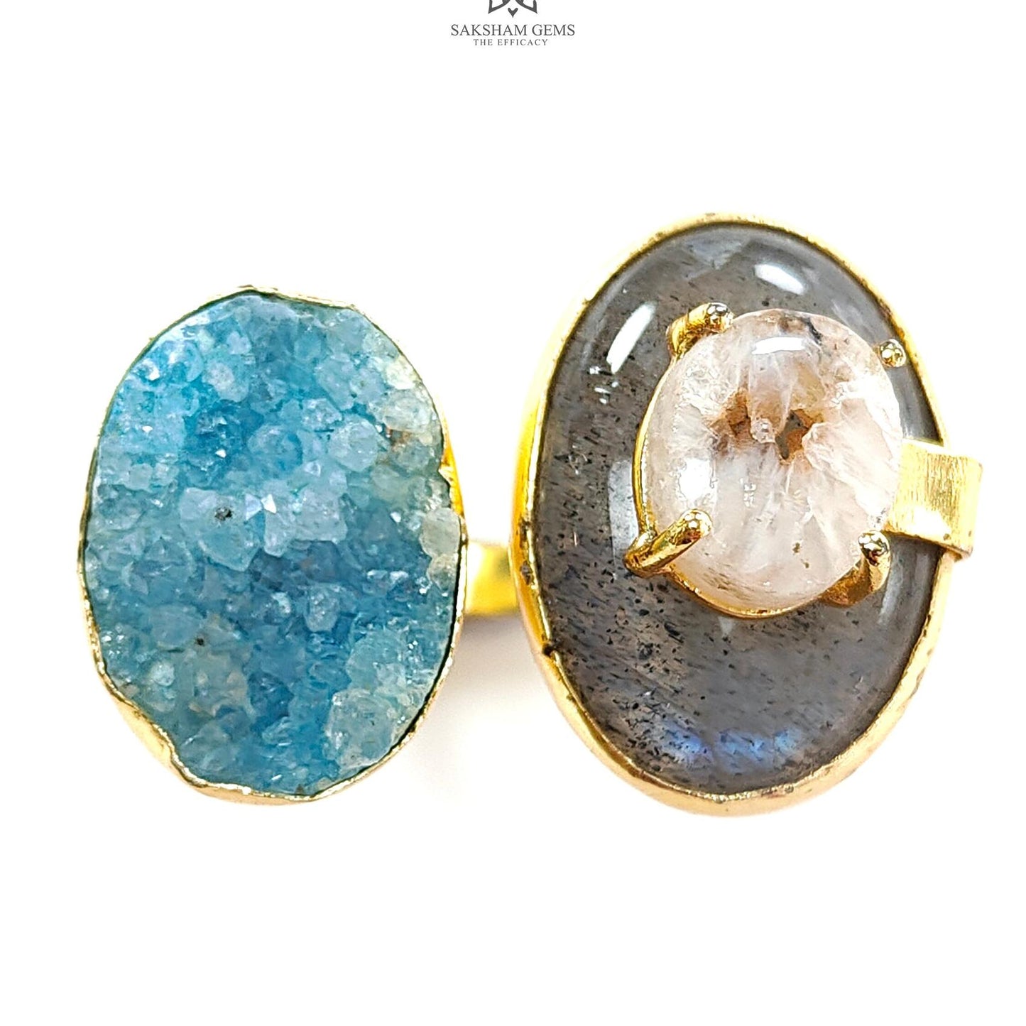 Handmade Cocktail Ring: 16.31gms Gold Plated Natural Multi Color Gemstone Boho Style Dainty Oval Shape Adjustable Ring Gift For Her