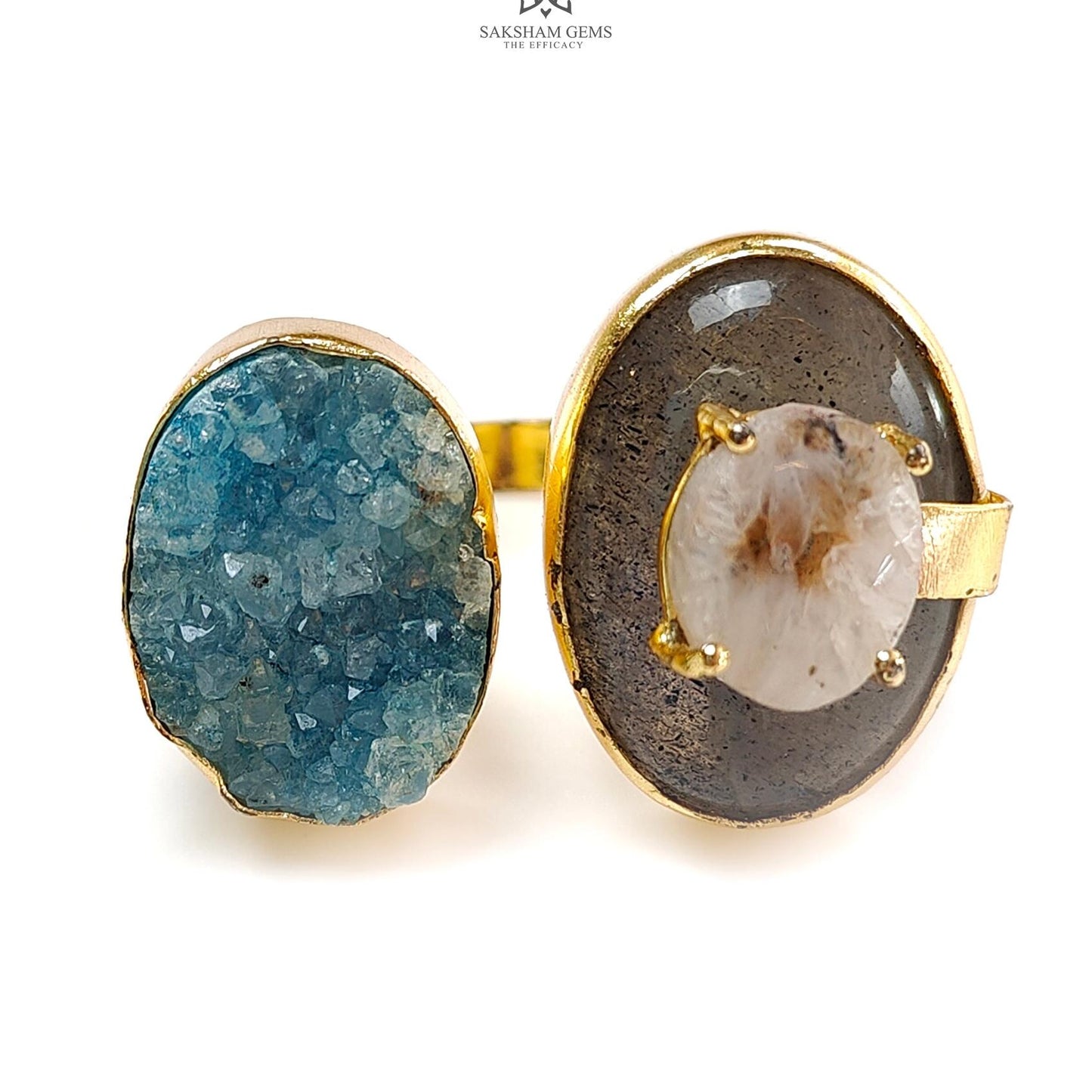 Handmade Cocktail Ring: 16.31gms Gold Plated Natural Multi Color Gemstone Boho Style Dainty Oval Shape Adjustable Ring Gift For Her