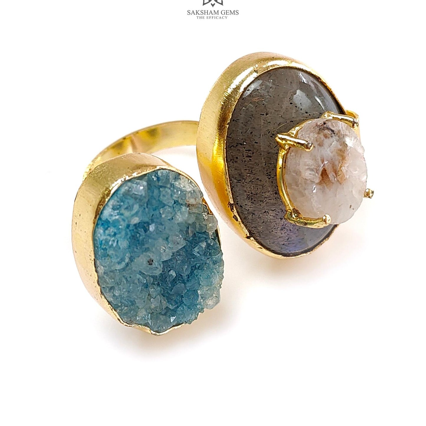 Handmade Cocktail Ring: 16.31gms Gold Plated Natural Multi Color Gemstone Boho Style Dainty Oval Shape Adjustable Ring Gift For Her