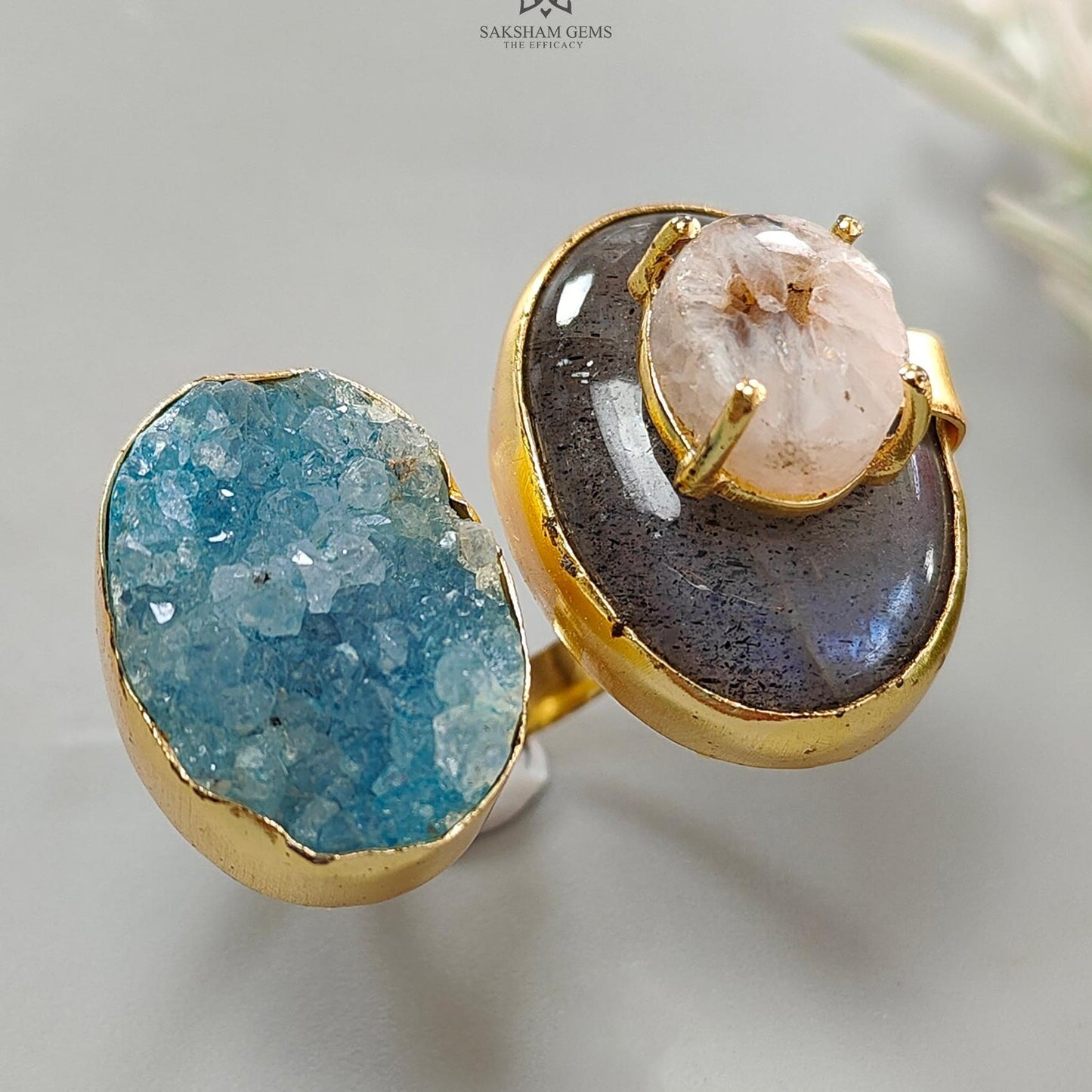 Handmade Cocktail Ring: 16.31gms Gold Plated Natural Multi Color Gemstone Boho Style Dainty Oval Shape Adjustable Ring Gift For Her