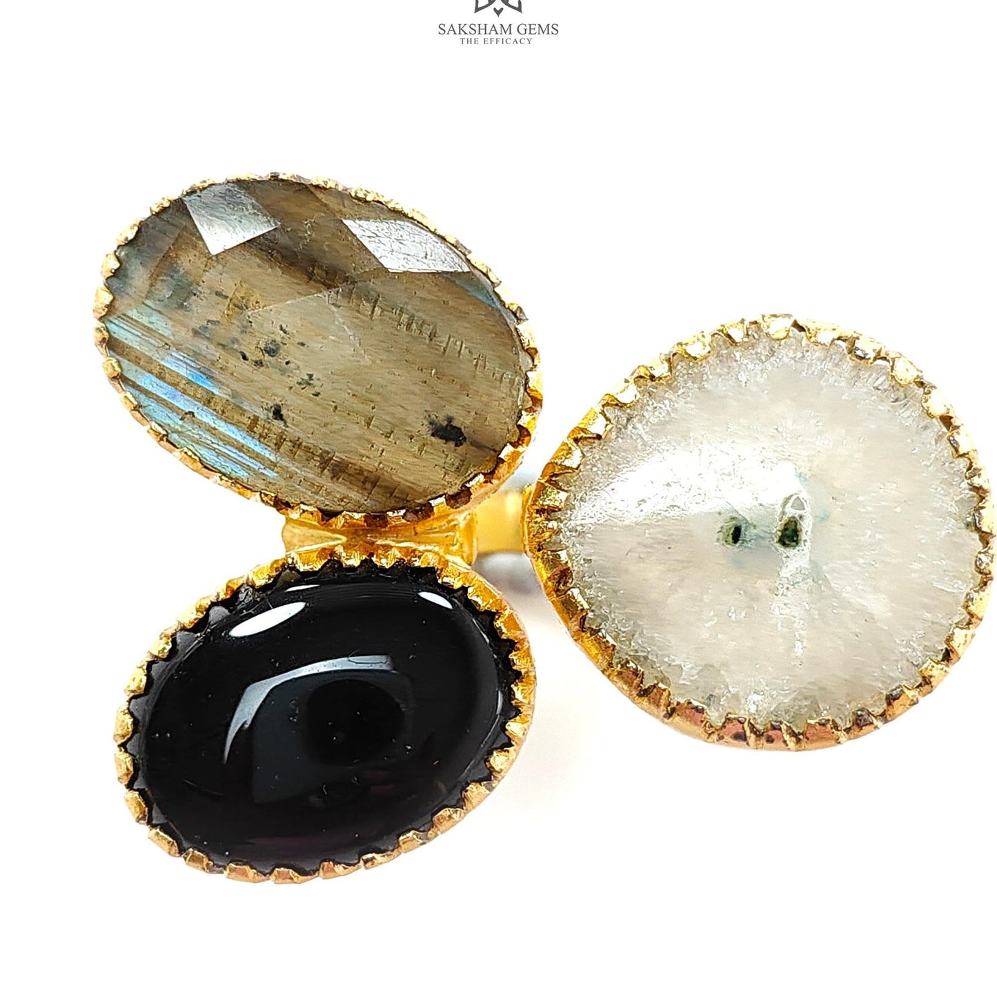 Handmade Cocktail Ring: 19.22gms Gold Plated Natural Multi Color Gemstone Boho Style Dainty Oval Shape Adjustable Ring Gift For Her