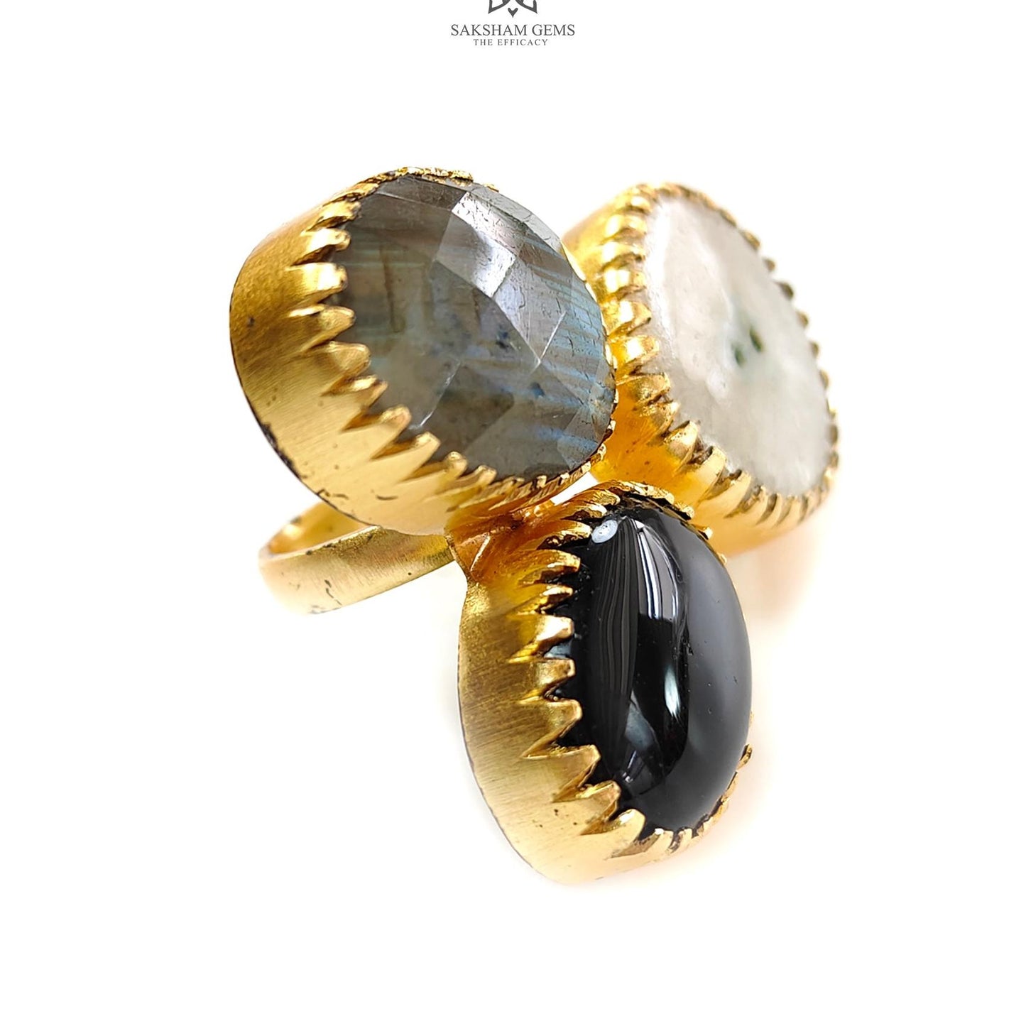 Handmade Cocktail Ring: 19.22gms Gold Plated Natural Multi Color Gemstone Boho Style Dainty Oval Shape Adjustable Ring Gift For Her