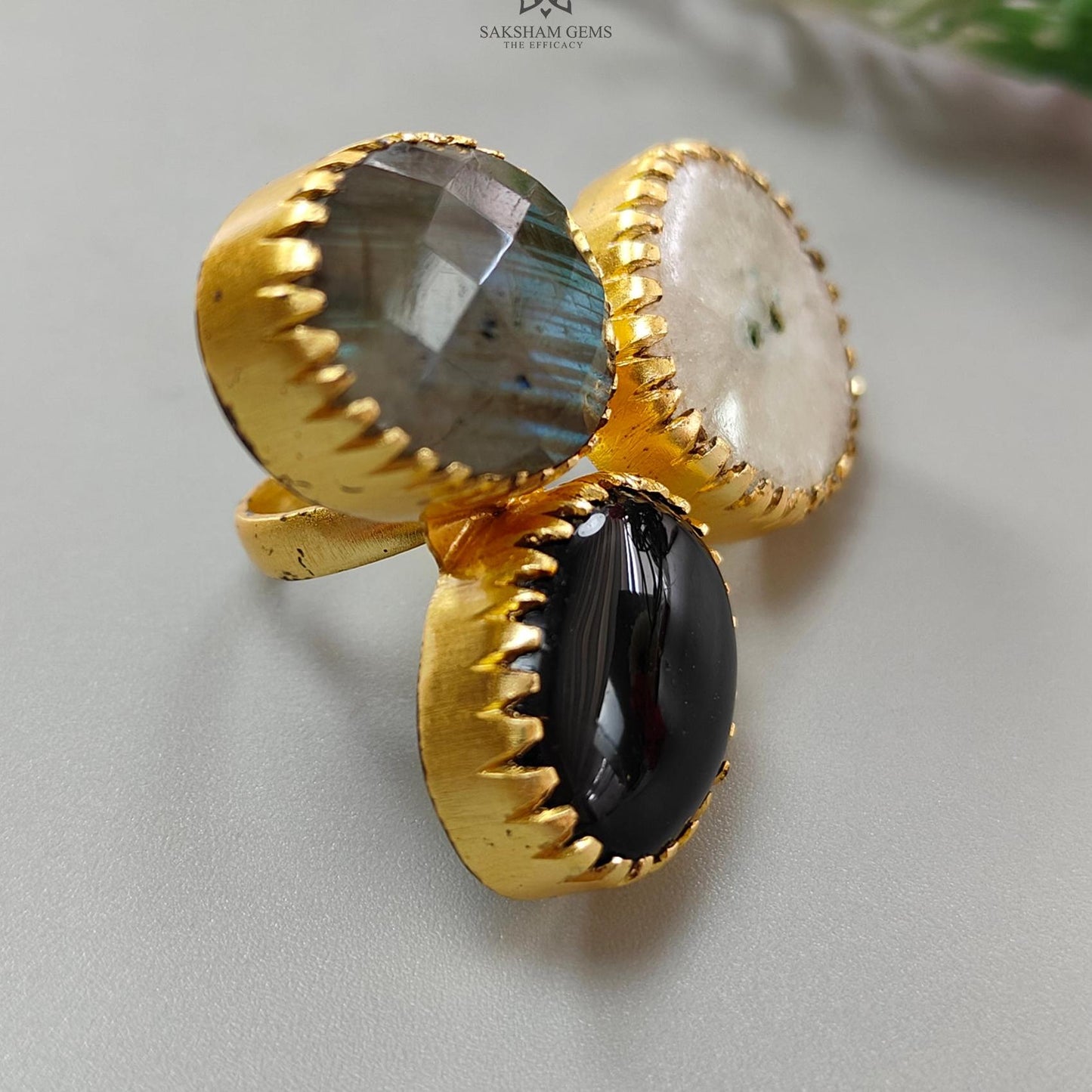 Handmade Cocktail Ring: 19.22gms Gold Plated Natural Multi Color Gemstone Boho Style Dainty Oval Shape Adjustable Ring Gift For Her