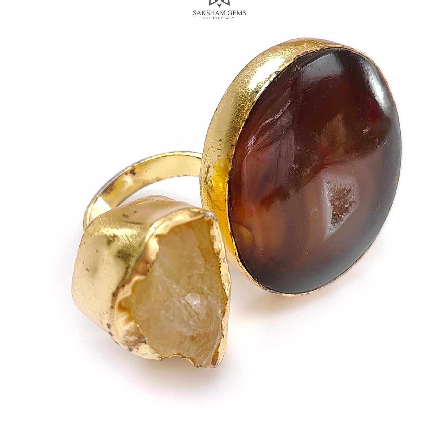 Handmade Cocktail Ring: 24.24gms Gold Plated Natural Multi Color Gemstone Boho Style Dainty Fancy Shape Adjustable Ring Gift For Her