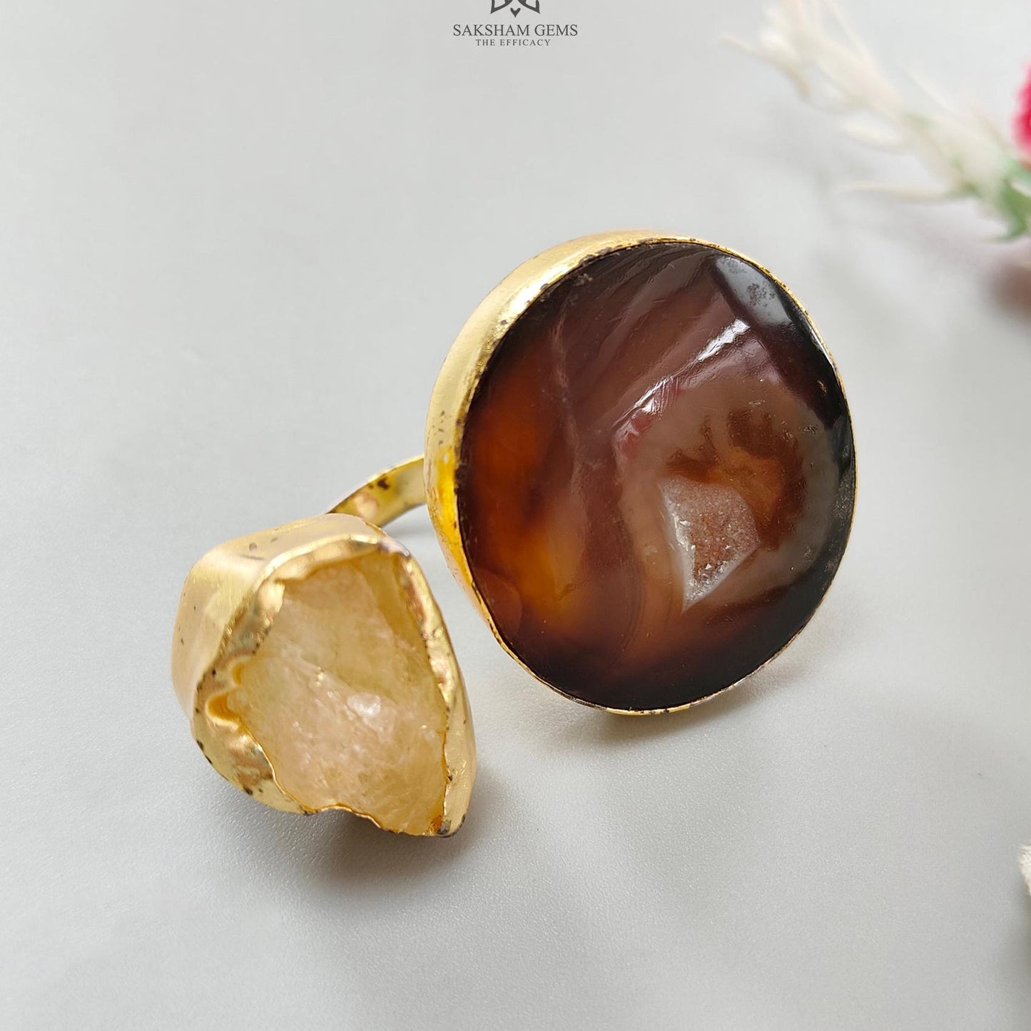Handmade Cocktail Ring: 24.24gms Gold Plated Natural Multi Color Gemstone Boho Style Dainty Fancy Shape Adjustable Ring Gift For Her