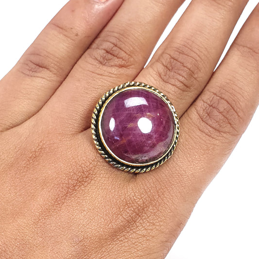 Red Ruby Cabochon Ring: 11.18gms Natural Untreated Ruby Round Shape Plain Brass Bezel Set Adjustable Ring