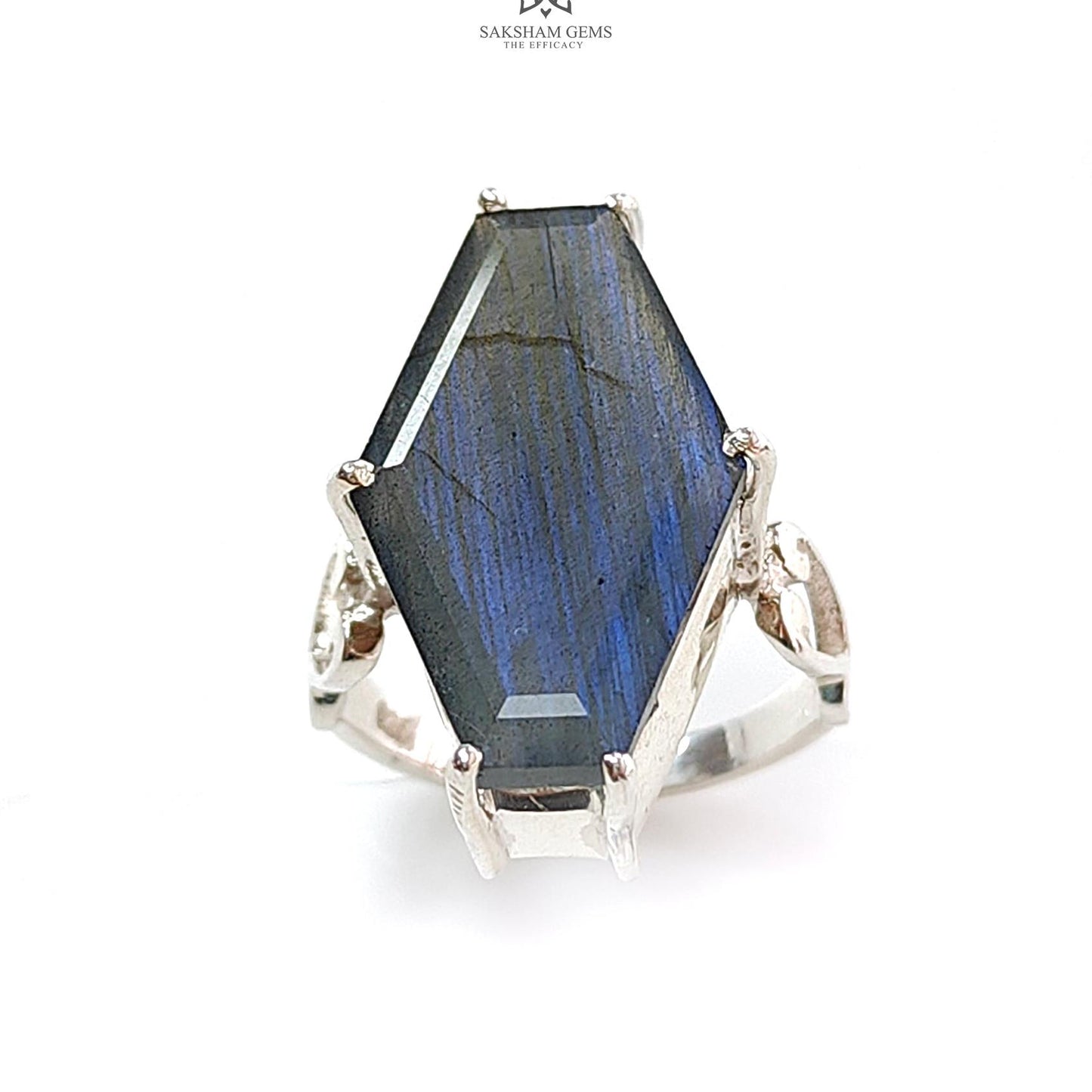 Blue Labradorite Silver Faceted Ring: 5.64gms Natural Untreated Labradorite Uneven Shape Fancy Cut 925 Sterling Silver Prong Set 7.5 US