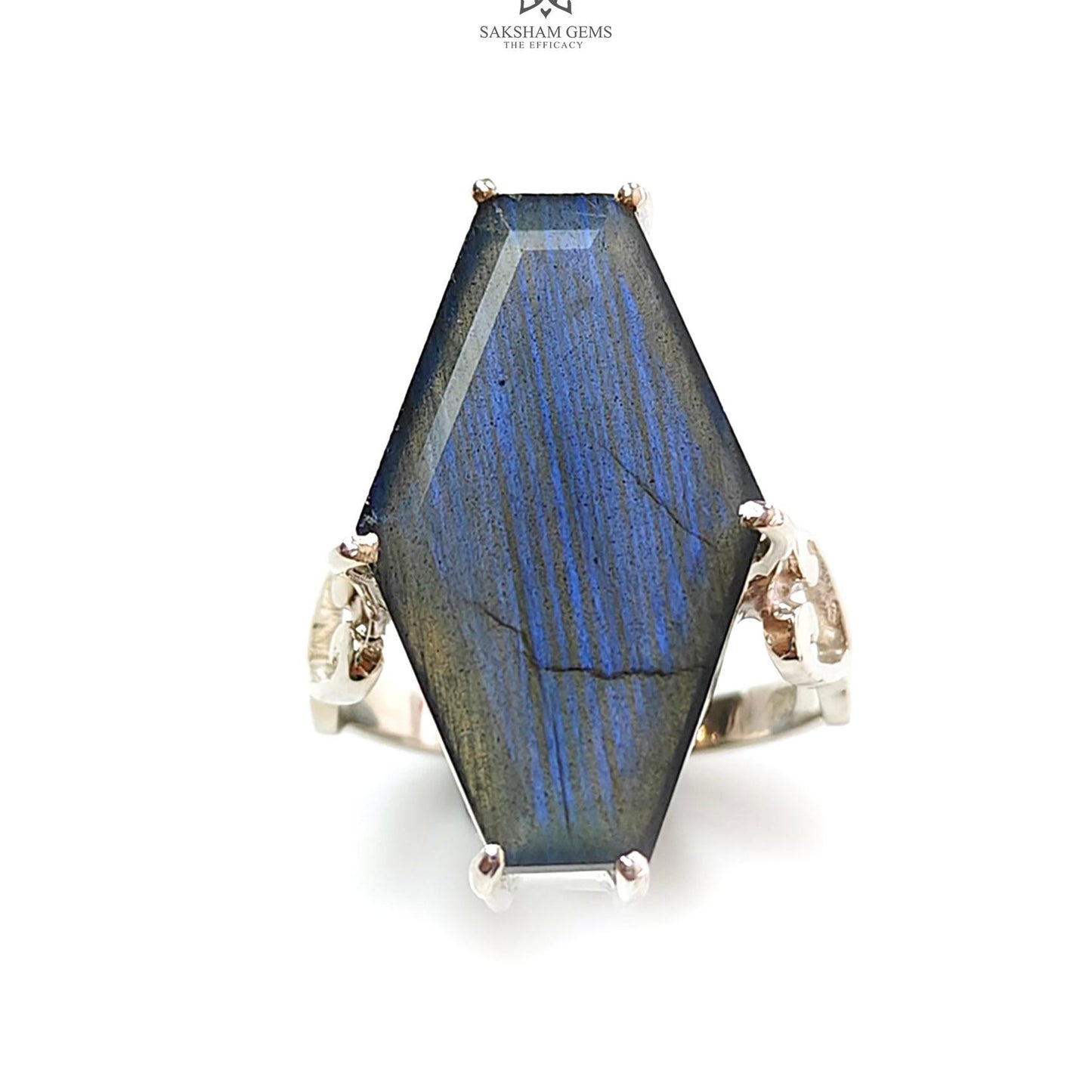 Blue Labradorite Silver Faceted Ring: 5.64gms Natural Untreated Labradorite Uneven Shape Fancy Cut 925 Sterling Silver Prong Set 7.5 US