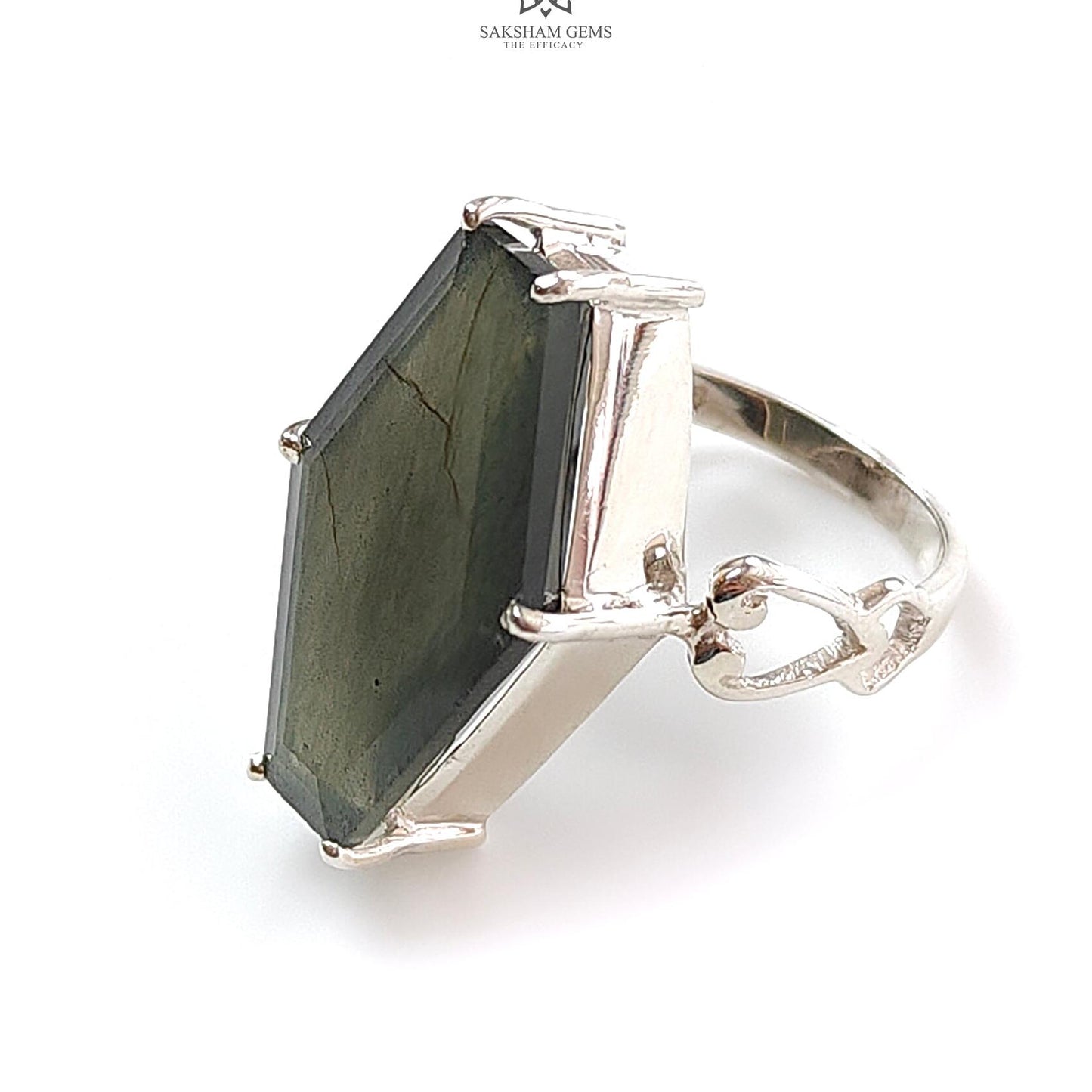 Blue Labradorite Silver Faceted Ring: 5.64gms Natural Untreated Labradorite Uneven Shape Fancy Cut 925 Sterling Silver Prong Set 7.5 US