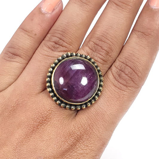 Red Ruby Cabochon Ring: 12.17gms Natural Untreated Ruby Round Shape Plain Brass Bezel Set Adjustable Ring