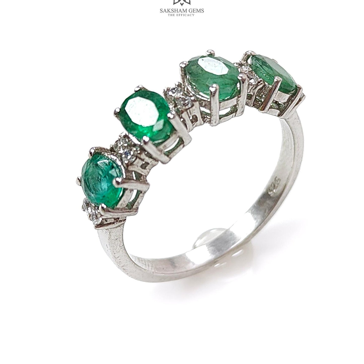 Emerald Faceted Silver Ring: 2.59gms Natural Untreated Emerald Oval Faceted Cut 925 Sterling Silver With CZ Prong Set Ring 7.5 US