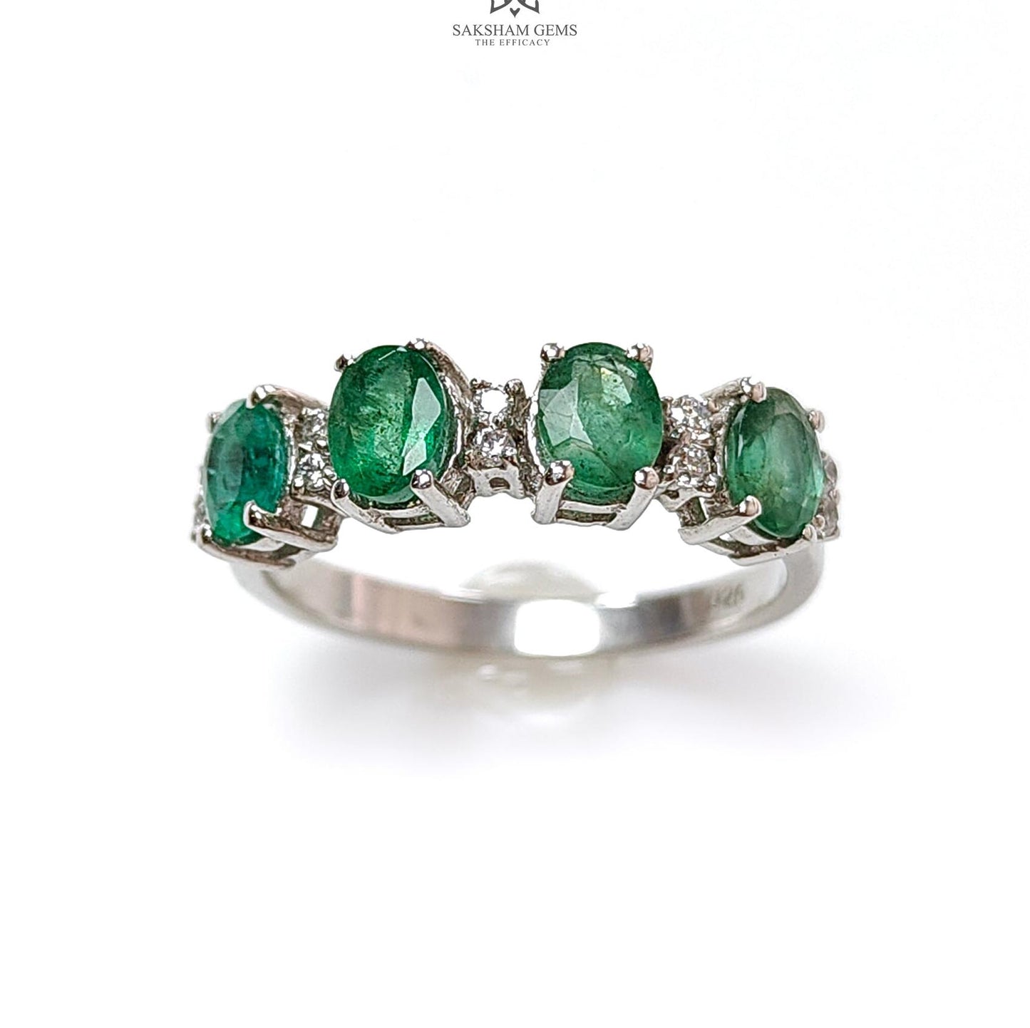 Emerald Faceted Silver Ring: 2.59gms Natural Untreated Emerald Oval Faceted Cut 925 Sterling Silver With CZ Prong Set Ring 7.5 US