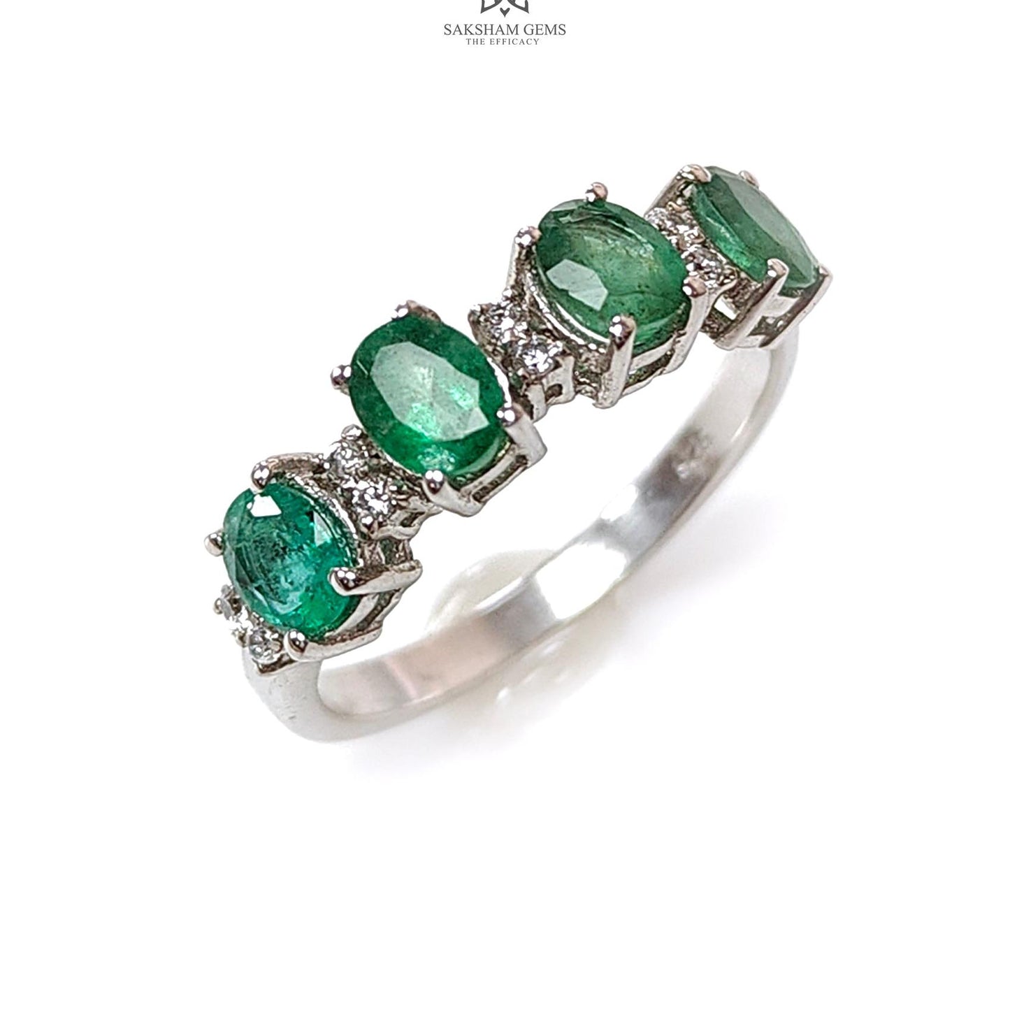 Emerald Faceted Silver Ring: 2.59gms Natural Untreated Emerald Oval Faceted Cut 925 Sterling Silver With CZ Prong Set Ring 7.5 US