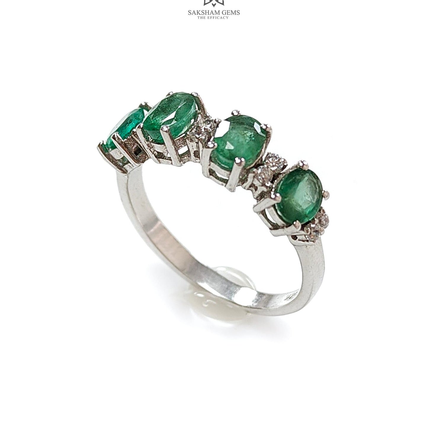 Emerald Faceted Silver Ring: 2.59gms Natural Untreated Emerald Oval Faceted Cut 925 Sterling Silver With CZ Prong Set Ring 7.5 US