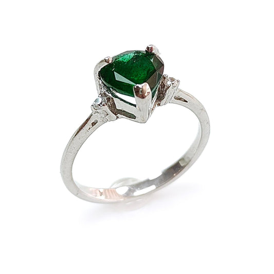 Emerald Faceted Silver Ring: 1.67gms Natural Untreated Emerald Heart Faceted Cut 925 Sterling Silver Prong Set Ring 5.5 US