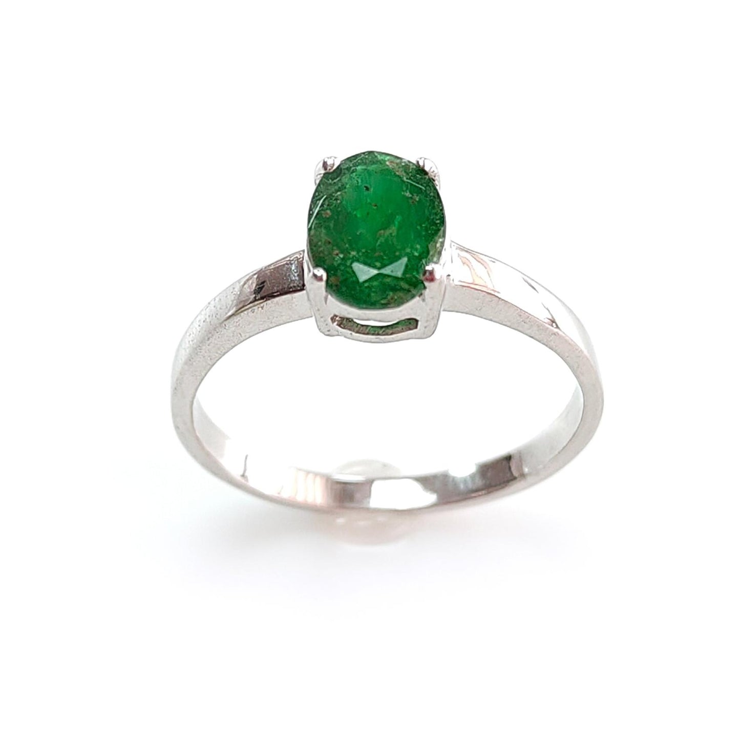 Emerald Faceted Silver Ring: 2.16gms Natural Untreated Emerald Oval Faceted Cut 925 Sterling Silver Prong Set Ring 7.40 US