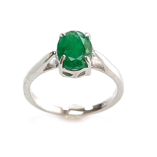 Emerald Faceted Silver Ring: 2.22gms Natural Untreated Emerald Oval Faceted Cut 925 Sterling Silver Prong Set Ring 6.85US