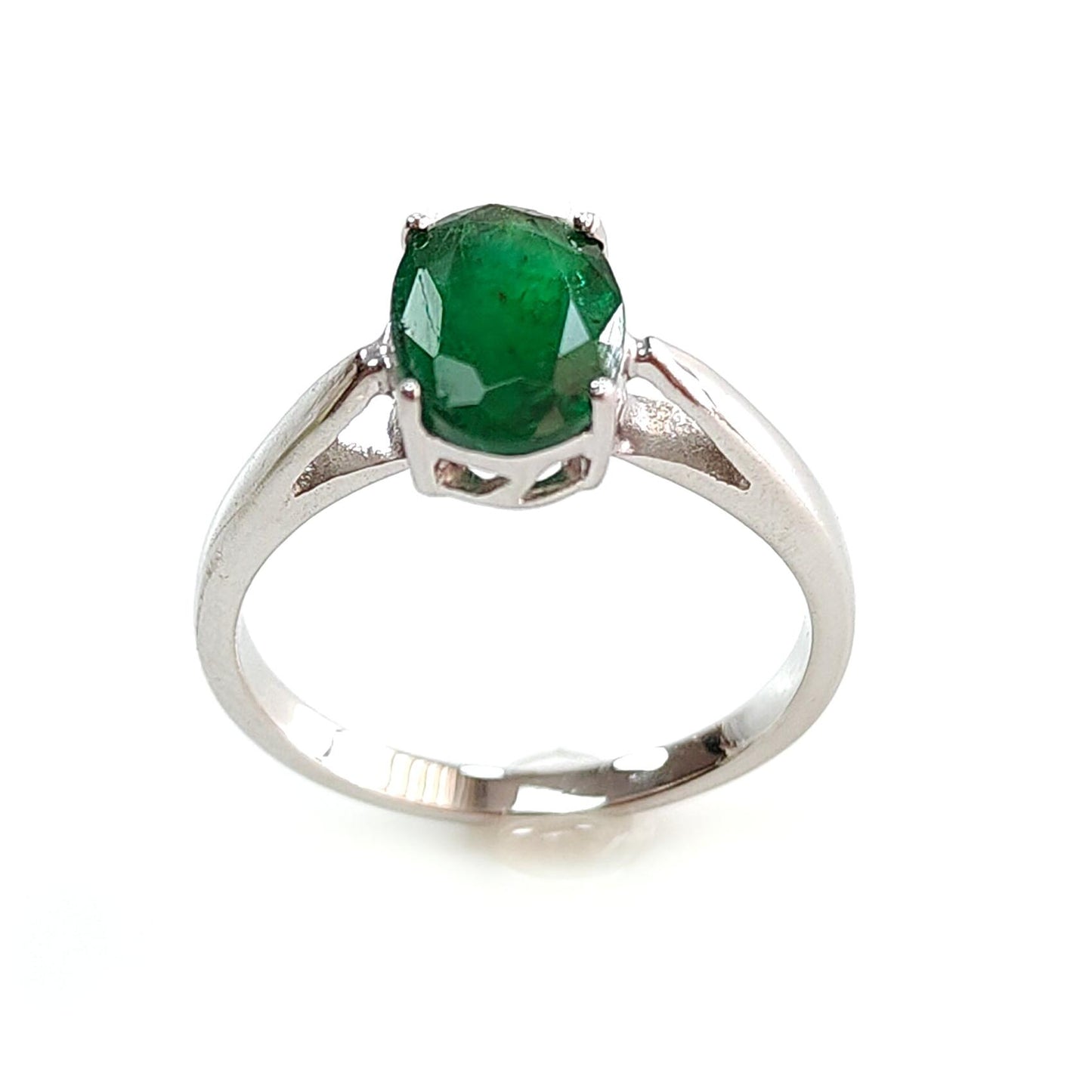 Emerald Faceted Silver Ring: 2.57gms Natural Untreated Emerald Oval Faceted Cut 925 Sterling Silver Prong Set Ring 7.5 US