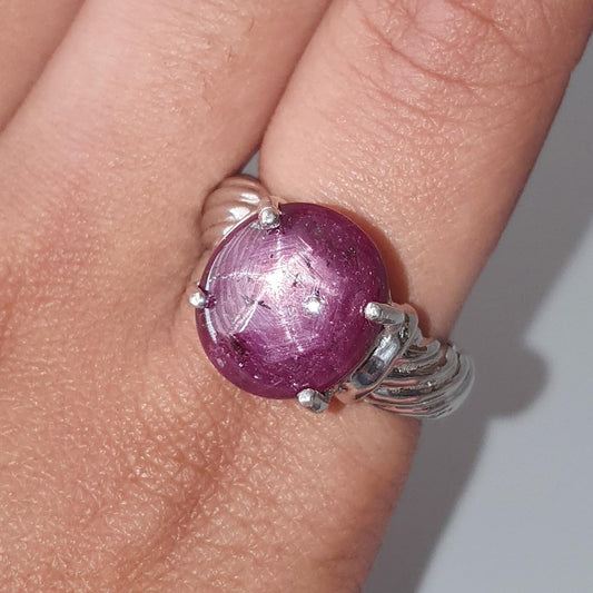 Star Ruby Silver Ring: 7.98gms Natural Untreated Star Ruby Oval Shape Cabochon 925 Sterling Silver Prong Set 8 US Ring | July Birthstone