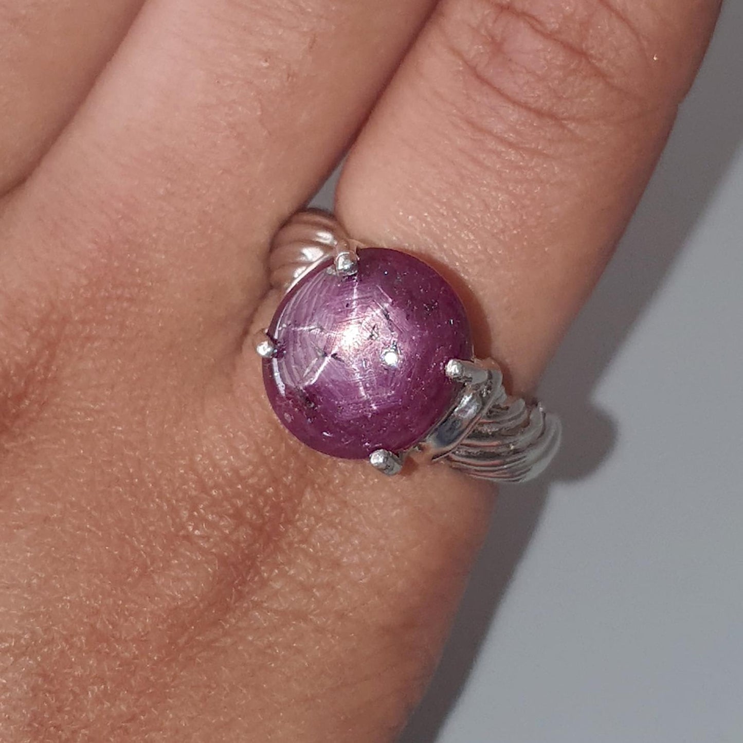 Star Ruby Silver Ring: 7.98gms Natural Untreated Star Ruby Oval Shape Cabochon 925 Sterling Silver Prong Set 8 US Ring | July Birthstone