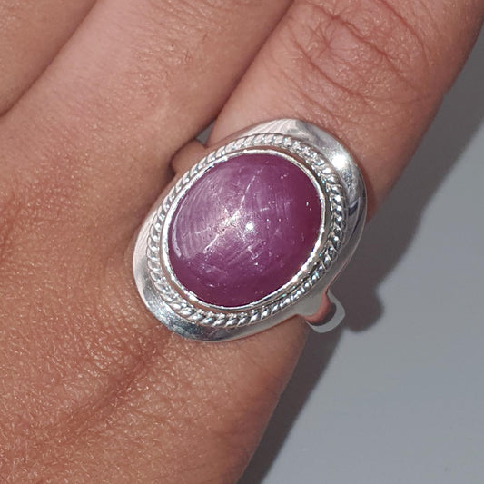 Star Ruby Silver Ring: 8.37gms Natural Untreated Star Ruby Oval Shape Cabochon 925 Sterling Silver Bezel Set 10 US Ring | July Birthstone