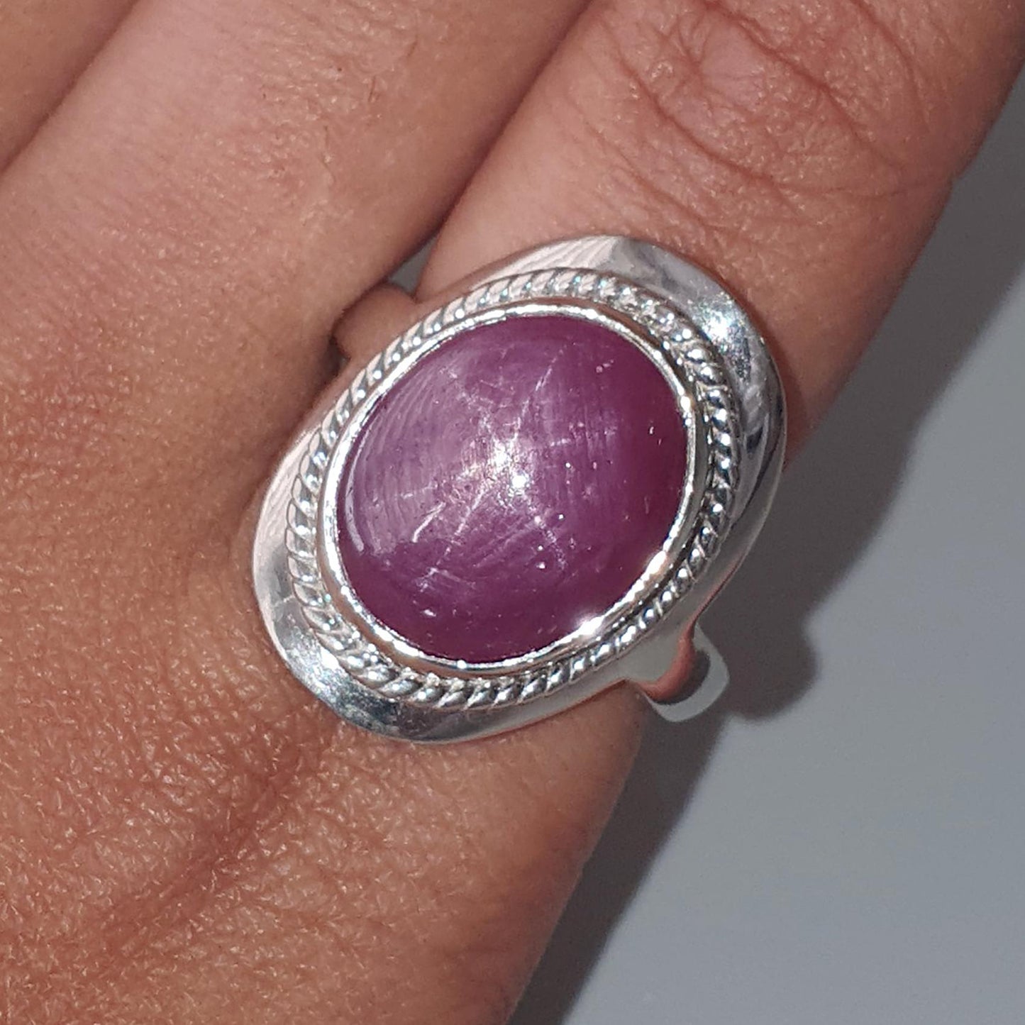 Star Ruby Silver Ring: 8.37gms Natural Untreated Star Ruby Oval Shape Cabochon 925 Sterling Silver Bezel Set 10 US Ring | July Birthstone