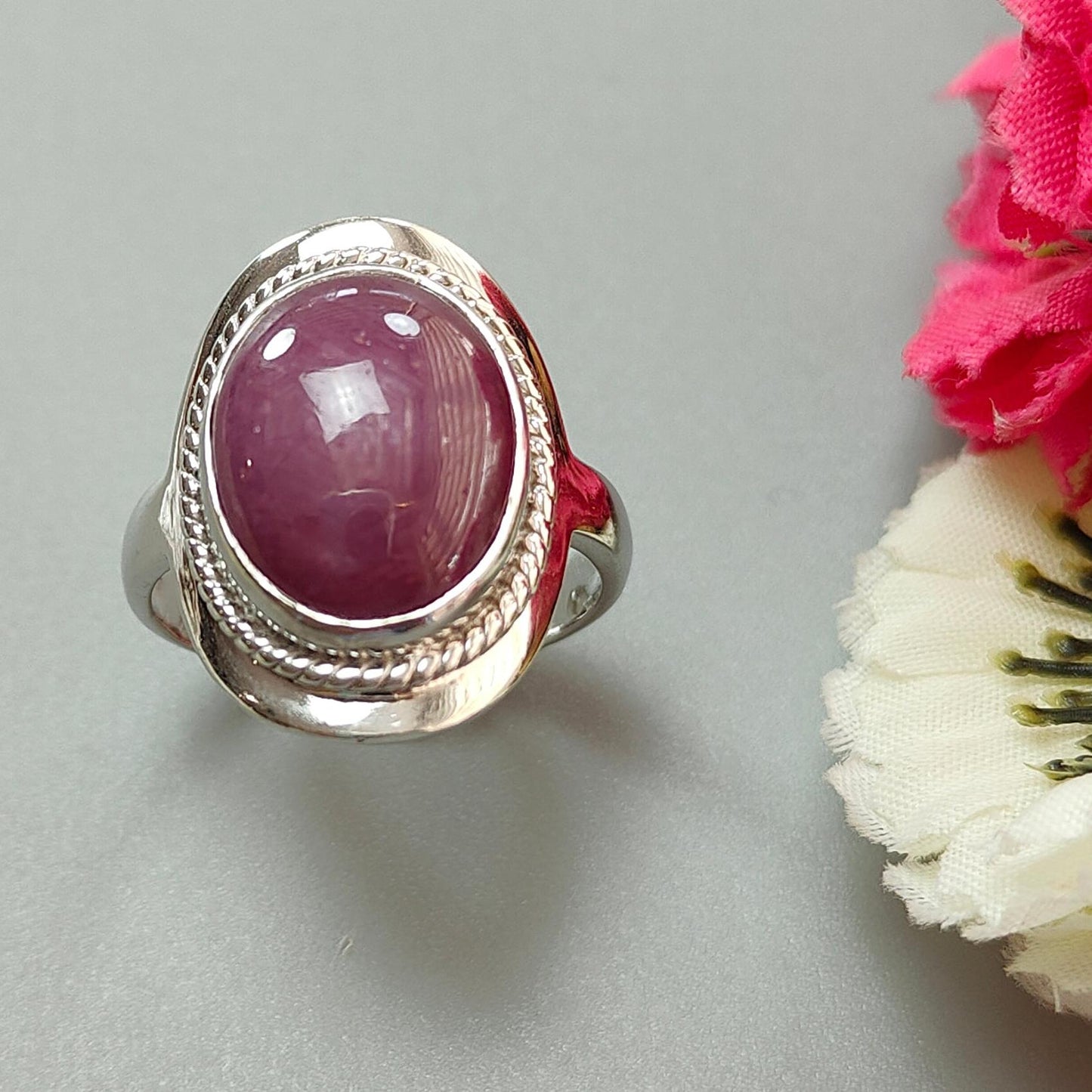 Star Ruby Silver Ring: 8.37gms Natural Untreated Star Ruby Oval Shape Cabochon 925 Sterling Silver Bezel Set 10 US Ring | July Birthstone