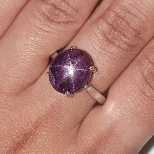Star Ruby Silver Ring: 4.45gms Natural Untreated Star Ruby Oval Shape Cabochon 925 Sterling Silver Prong Set 8 US Ring | July Birthstone