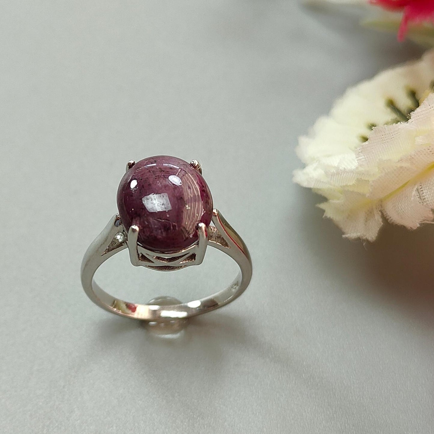 Star Ruby Silver Ring: 4.45gms Natural Untreated Star Ruby Oval Shape Cabochon 925 Sterling Silver Prong Set 8 US Ring | July Birthstone