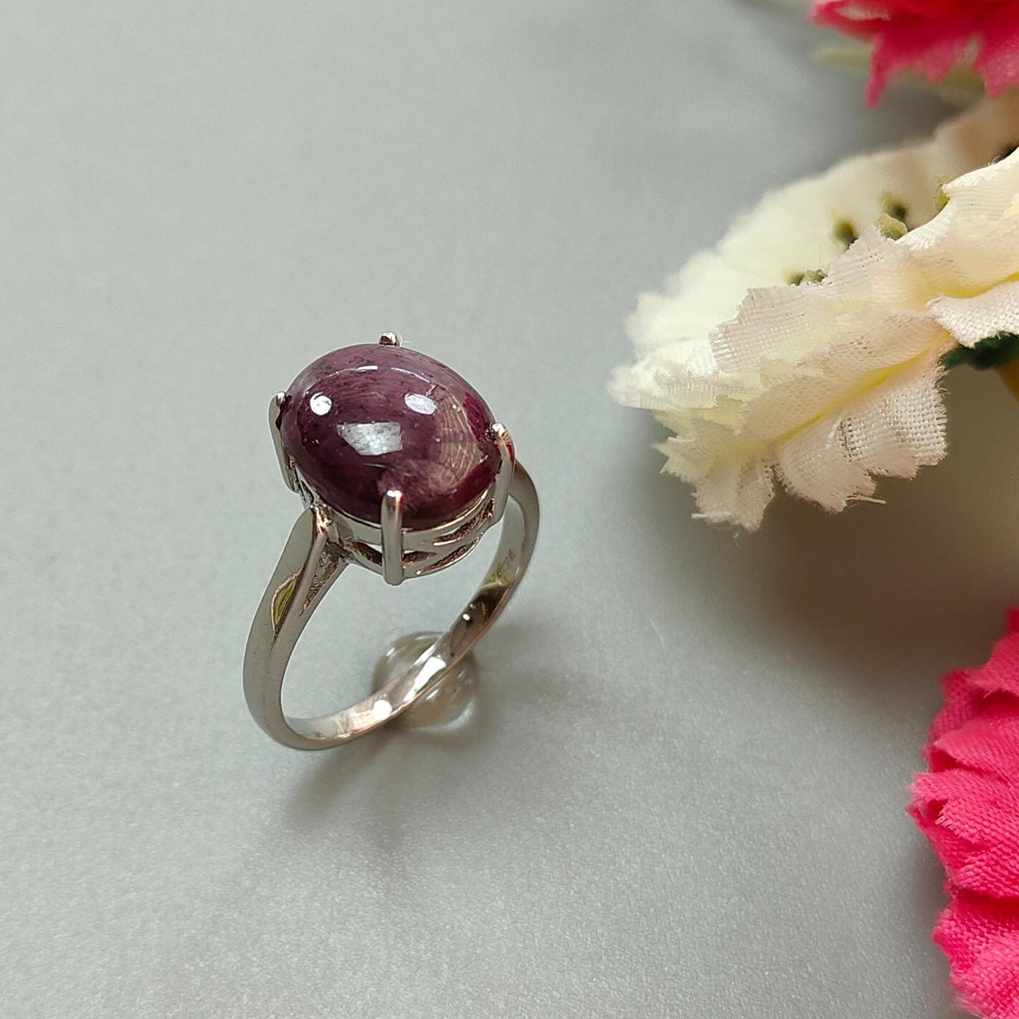 Star Ruby Silver Ring: 4.45gms Natural Untreated Star Ruby Oval Shape Cabochon 925 Sterling Silver Prong Set 8 US Ring | July Birthstone