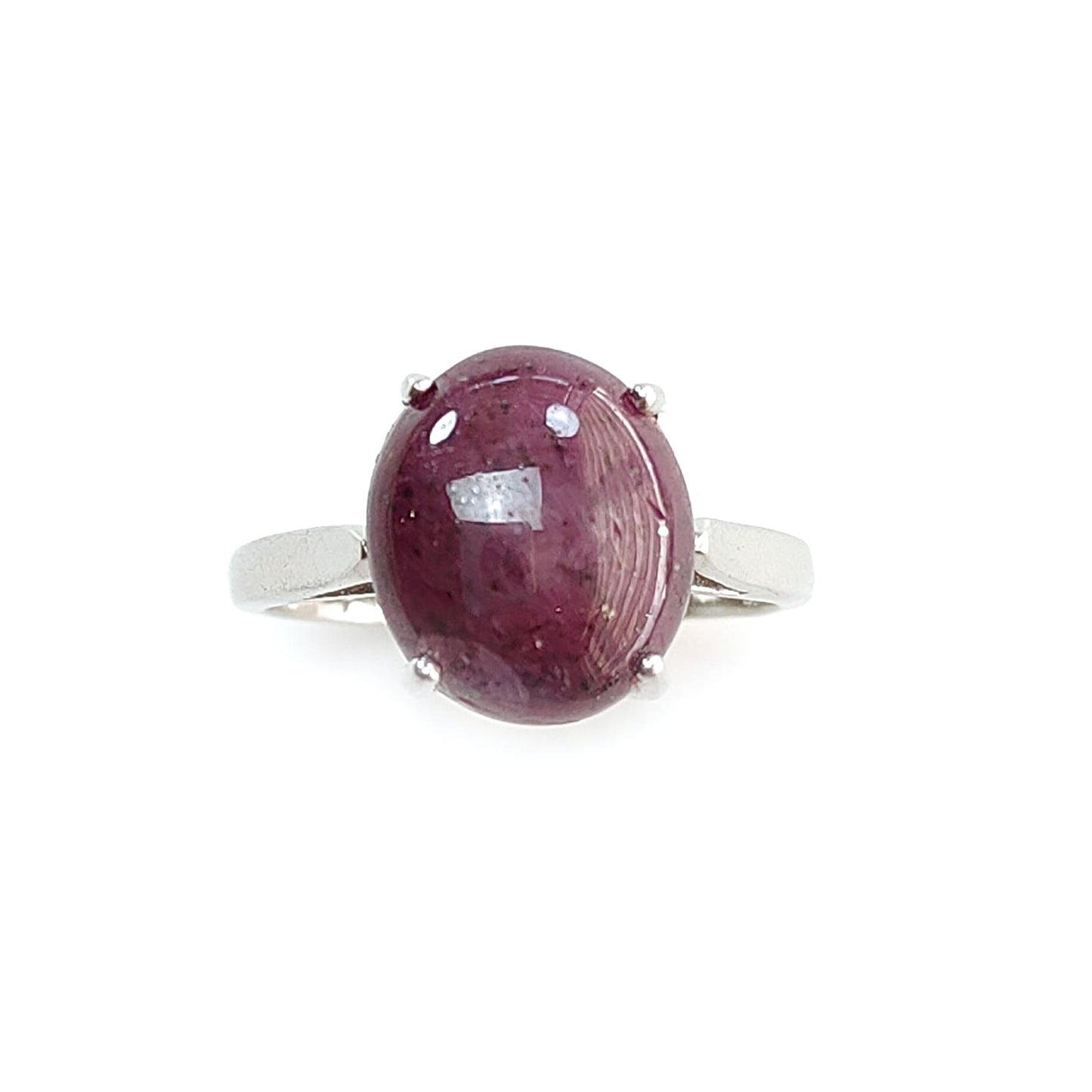 Star Ruby Silver Ring: 4.45gms Natural Untreated Star Ruby Oval Shape Cabochon 925 Sterling Silver Prong Set 8 US Ring | July Birthstone