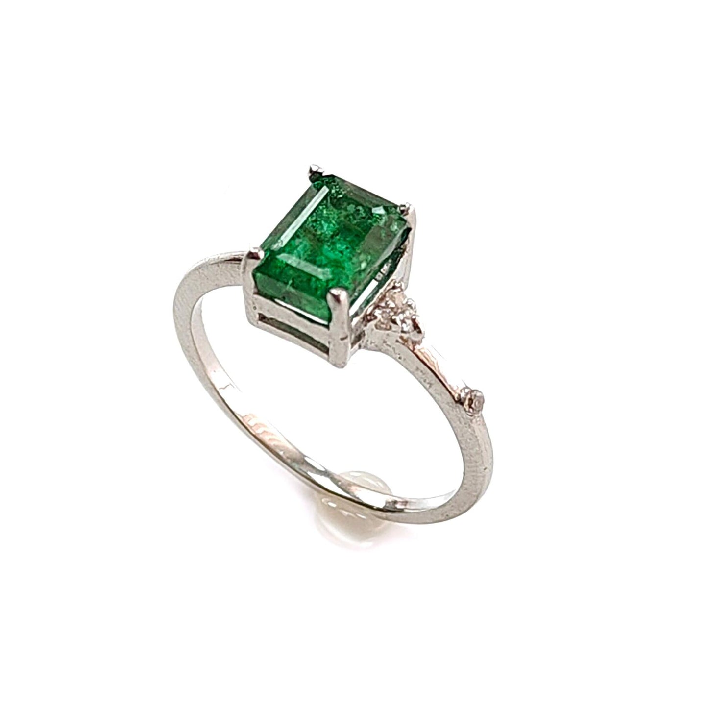 Emerald Faceted Silver Ring: 1.67gms Natural Untreated Emerald Octagon Faceted Cut 925 Sterling Silver Prong Set Ring 6 US