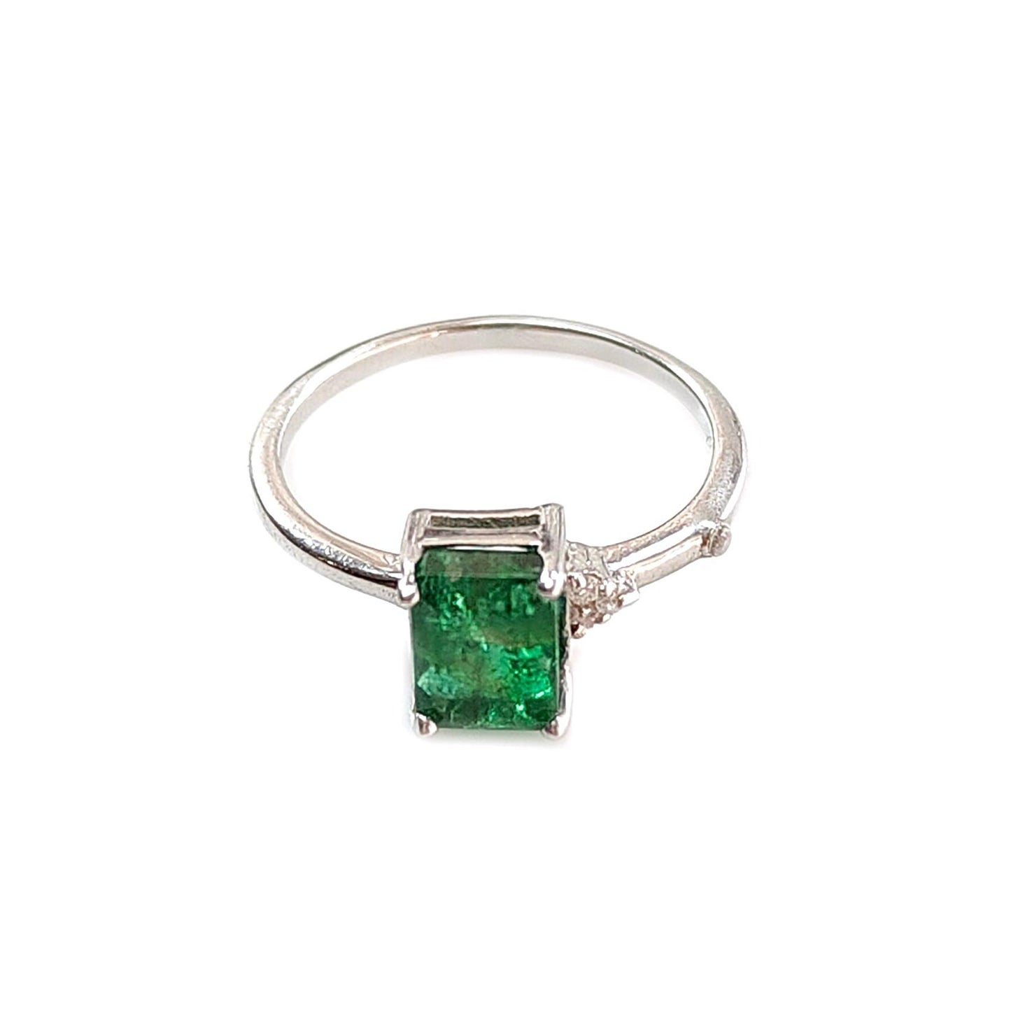 Emerald Faceted Silver Ring: 1.67gms Natural Untreated Emerald Octagon Faceted Cut 925 Sterling Silver Prong Set Ring 6 US