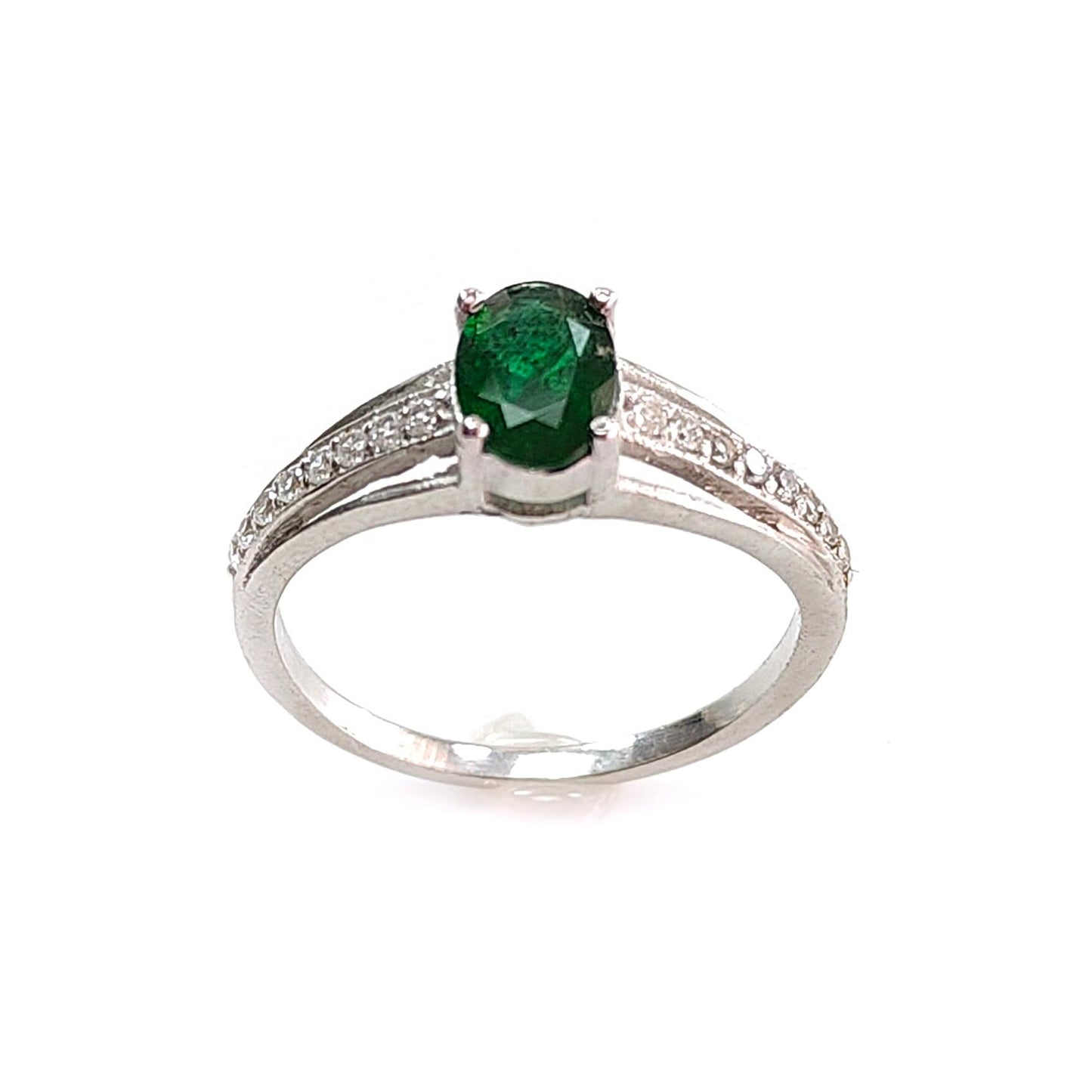 Emerald Faceted Silver Cz Ring: 1.84gms Natural Untreated Emerald Oval Faceted Cut 925 Sterling Silver Prong Set Ring 7 US