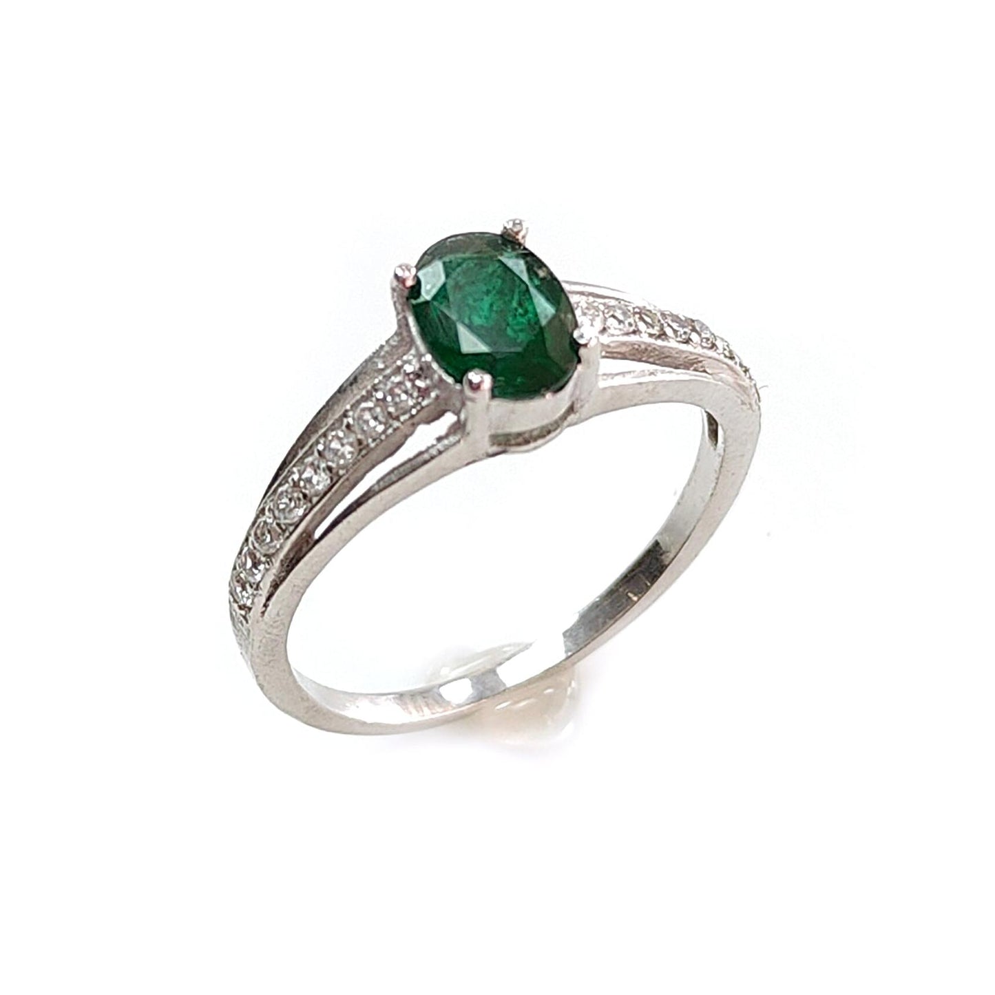 Emerald Faceted Silver Cz Ring: 1.84gms Natural Untreated Emerald Oval Faceted Cut 925 Sterling Silver Prong Set Ring 7 US