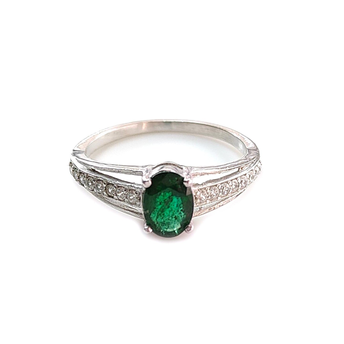 Emerald Faceted Silver Cz Ring: 1.84gms Natural Untreated Emerald Oval Faceted Cut 925 Sterling Silver Prong Set Ring 7 US