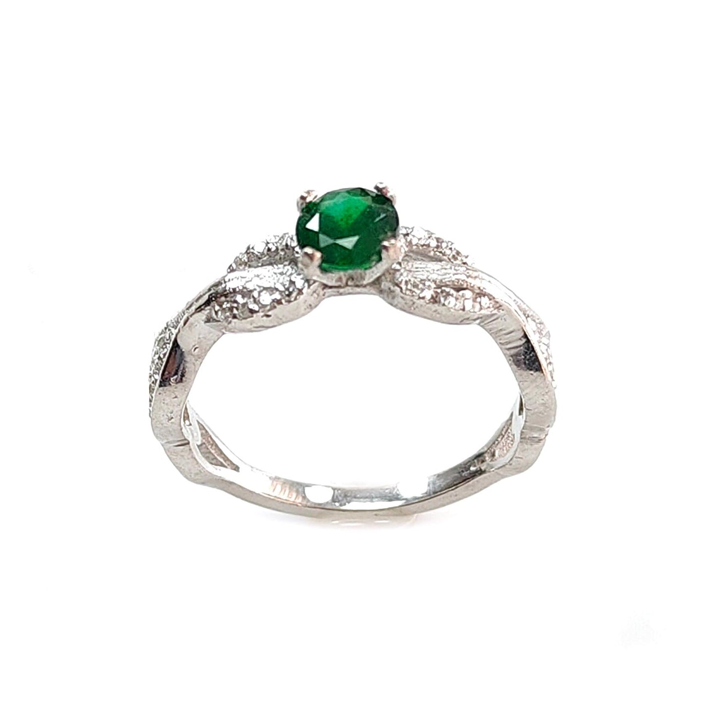 Emerald Faceted Silver Cz Ring: 2.19gms Natural Untreated Emerald Round Faceted Cut 925 Sterling Silver Prong Set Ring 6.5 US