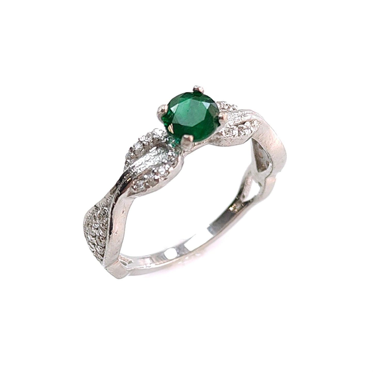 Emerald Faceted Silver Cz Ring: 2.19gms Natural Untreated Emerald Round Faceted Cut 925 Sterling Silver Prong Set Ring 6.5 US