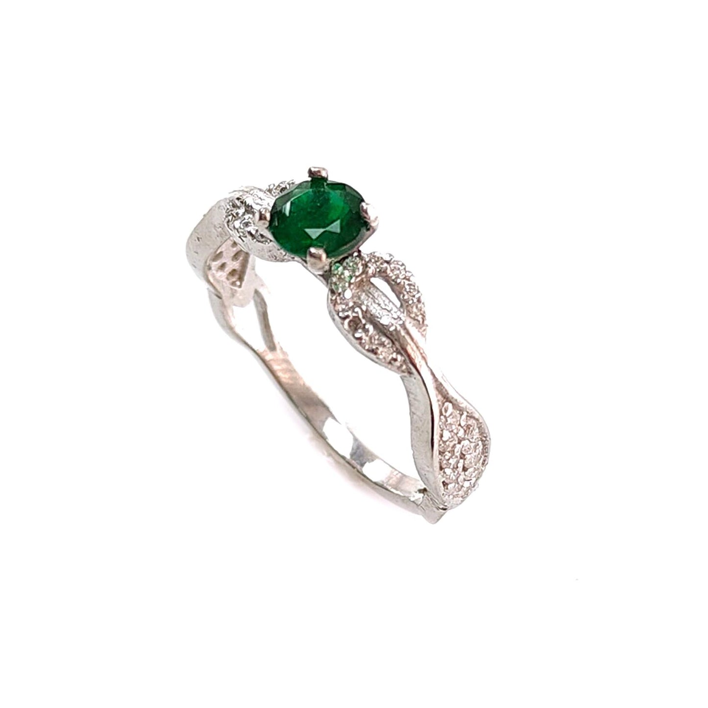 Emerald Faceted Silver Cz Ring: 2.19gms Natural Untreated Emerald Round Faceted Cut 925 Sterling Silver Prong Set Ring 6.5 US