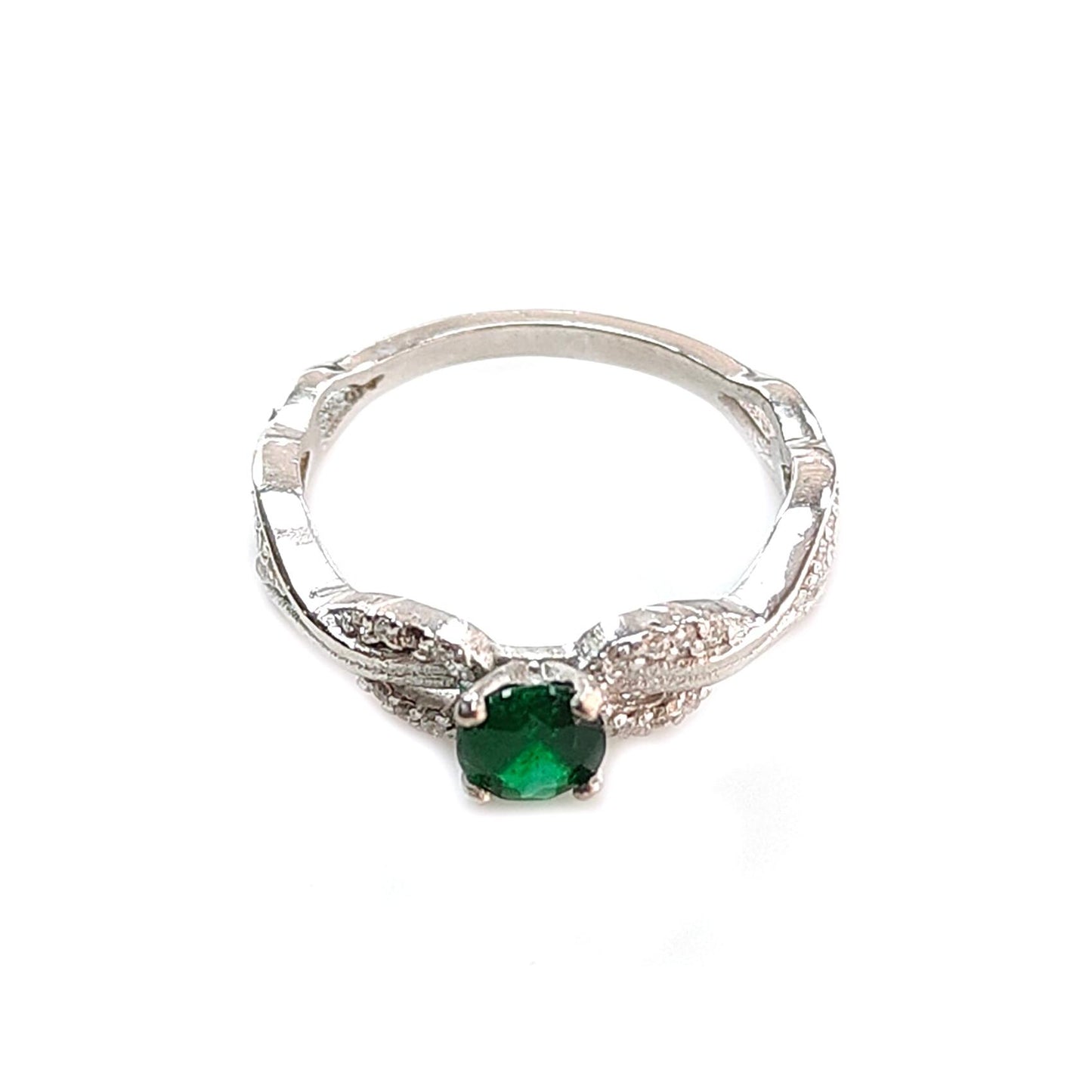 Emerald Faceted Silver Cz Ring: 2.19gms Natural Untreated Emerald Round Faceted Cut 925 Sterling Silver Prong Set Ring 6.5 US