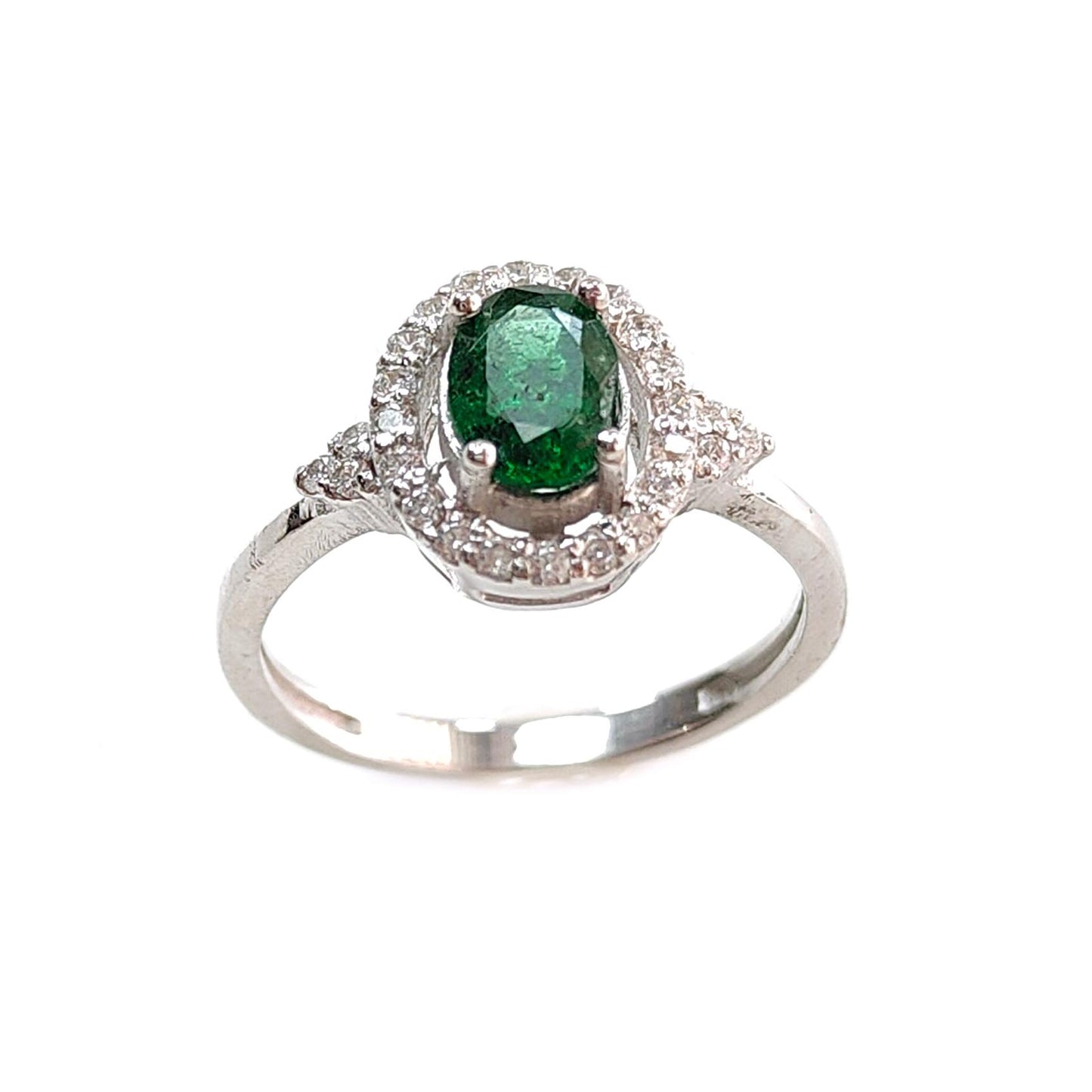 Emerald Faceted Silver Cz Ring: 2.59gms Natural Untreated Emerald Oval Faceted Cut 925 Sterling Silver Prong Set Ring 7 US