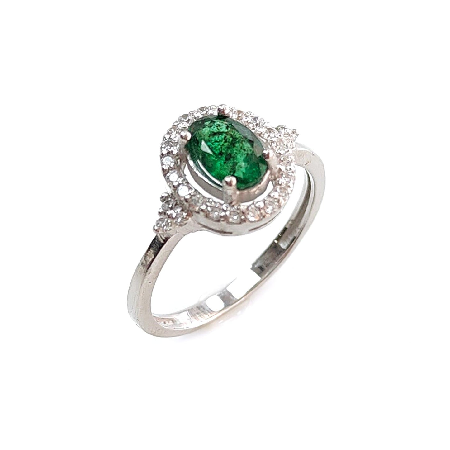 Emerald Faceted Silver Cz Ring: 2.59gms Natural Untreated Emerald Oval Faceted Cut 925 Sterling Silver Prong Set Ring 7 US