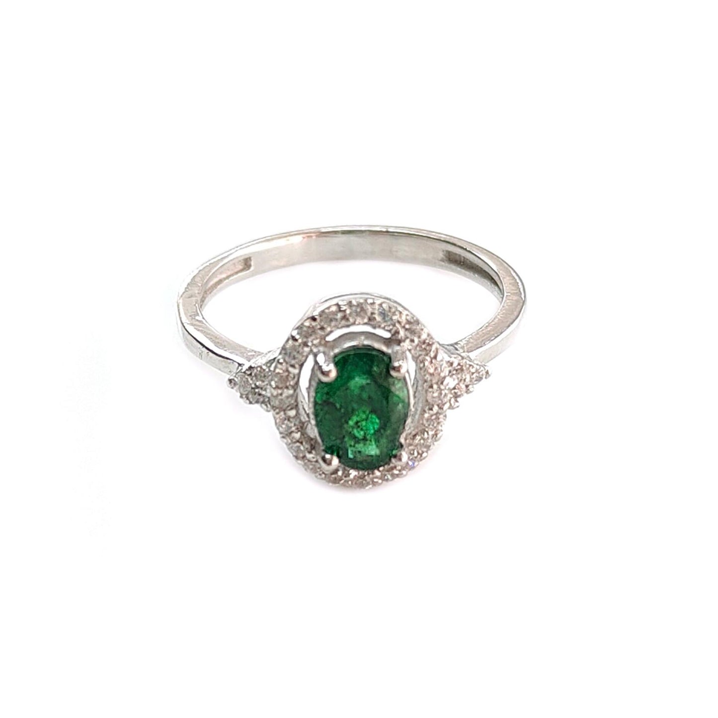 Emerald Faceted Silver Cz Ring: 2.59gms Natural Untreated Emerald Oval Faceted Cut 925 Sterling Silver Prong Set Ring 7 US