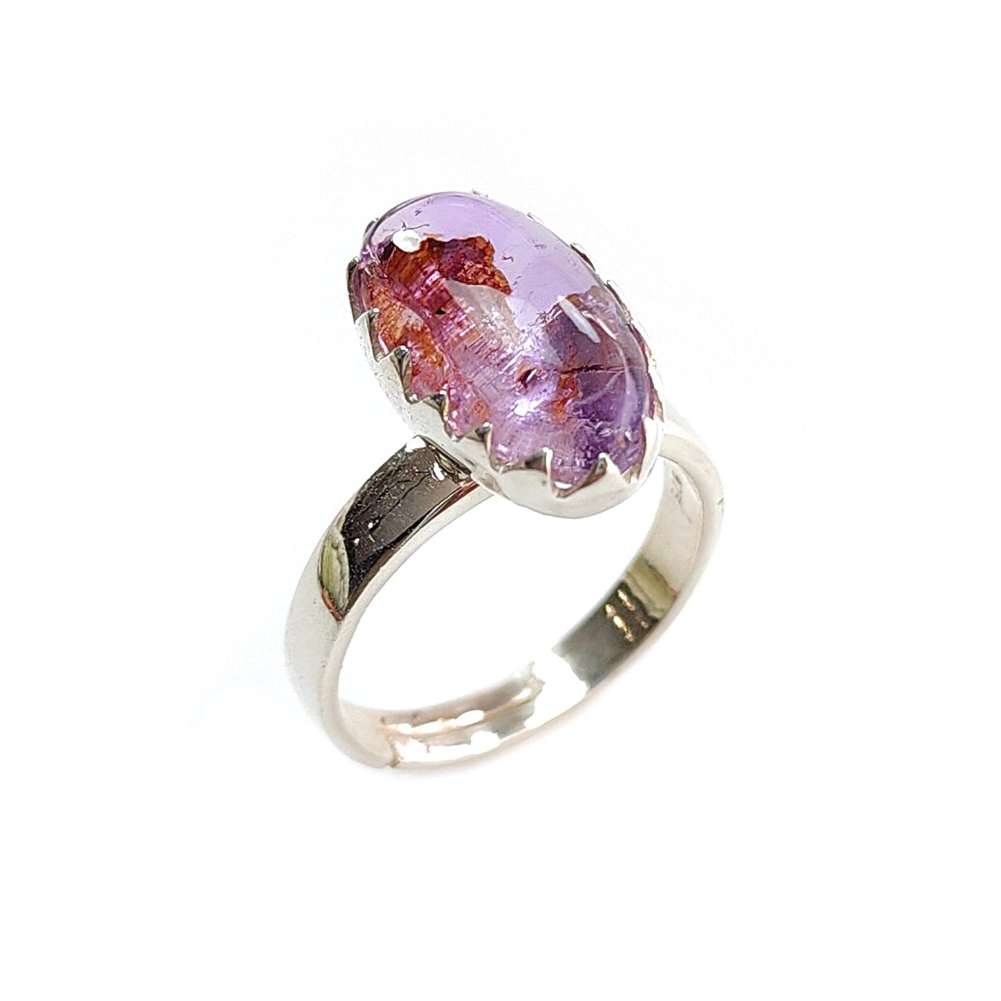 Amethyst Plain Silver Ring: 4.56gms Natural Untreated Super Seven Amethyst Oval Shape Plain 925 Sterling Silver Bezel Set Adjustable Ring