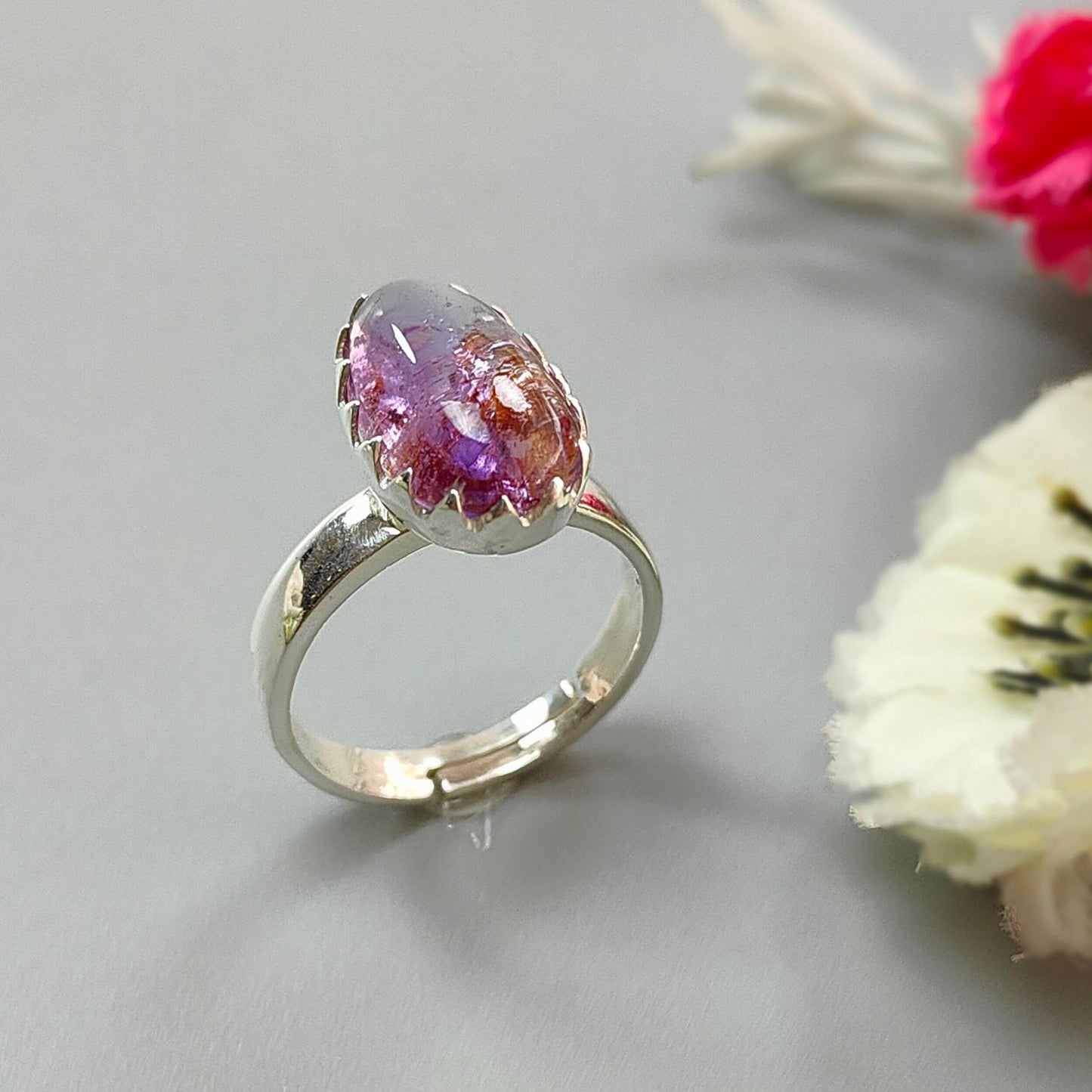 Amethyst Plain Silver Ring: 4.56gms Natural Untreated Super Seven Amethyst Oval Shape Plain 925 Sterling Silver Bezel Set Adjustable Ring