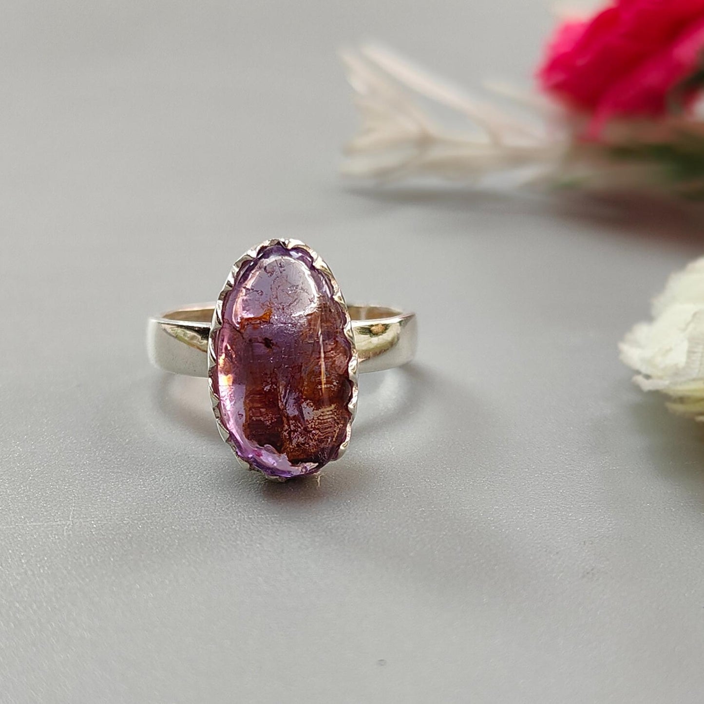 Amethyst Plain Silver Ring: 4.56gms Natural Untreated Super Seven Amethyst Oval Shape Plain 925 Sterling Silver Bezel Set Adjustable Ring