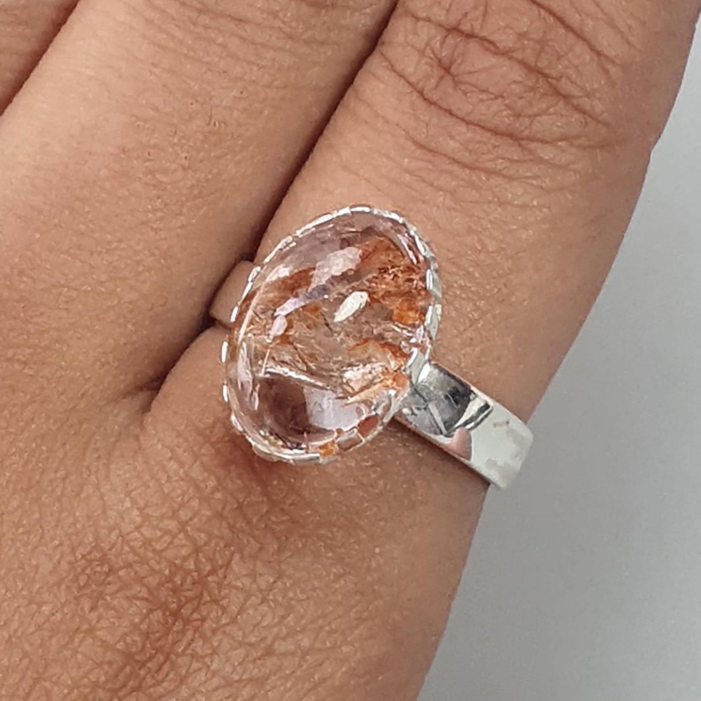 Amethyst Plain Silver Ring: 4.61gms Natural Untreated Super Seven Amethyst Oval Shape Plain 925 Sterling Silver Bezel Set Adjustable Ring